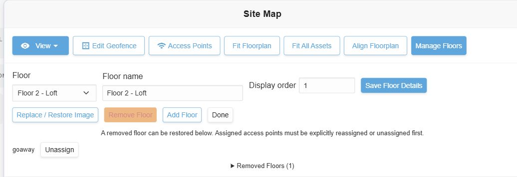 Manage Floors panel showing floor name, display order, Save Floor Details, Replace / Restore Image, Remove Floor, Add Floor, Done and Removed Floors.