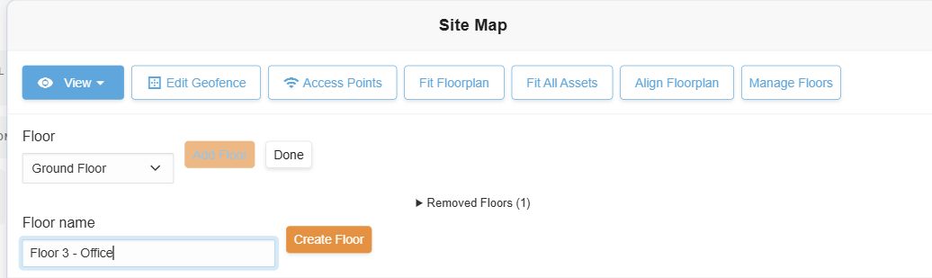 Site Map floor-management controls with Floor name set to Floor 3 - Office and a Create Floor button.