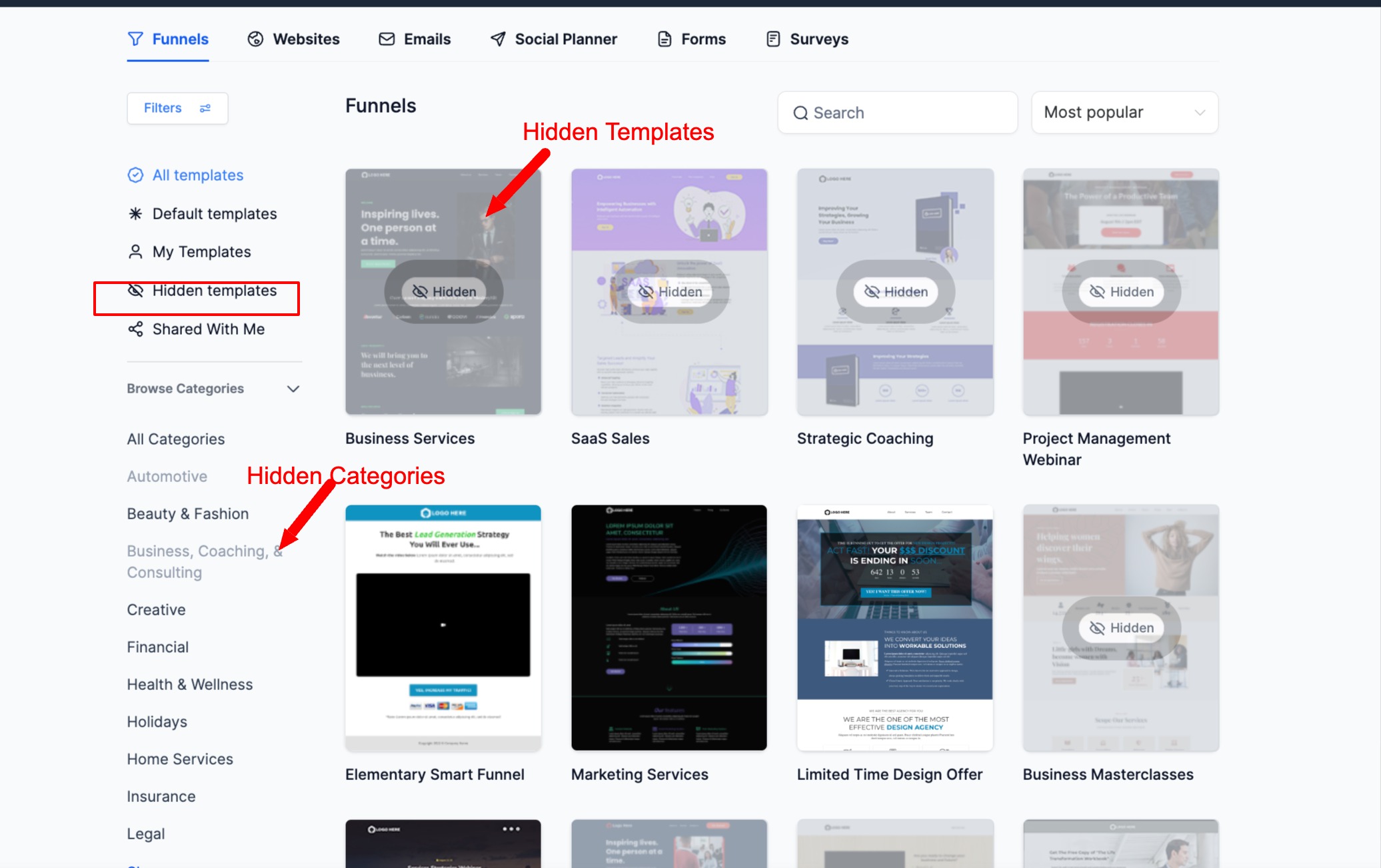 How to hide default or GHL templates from template library? 3 image