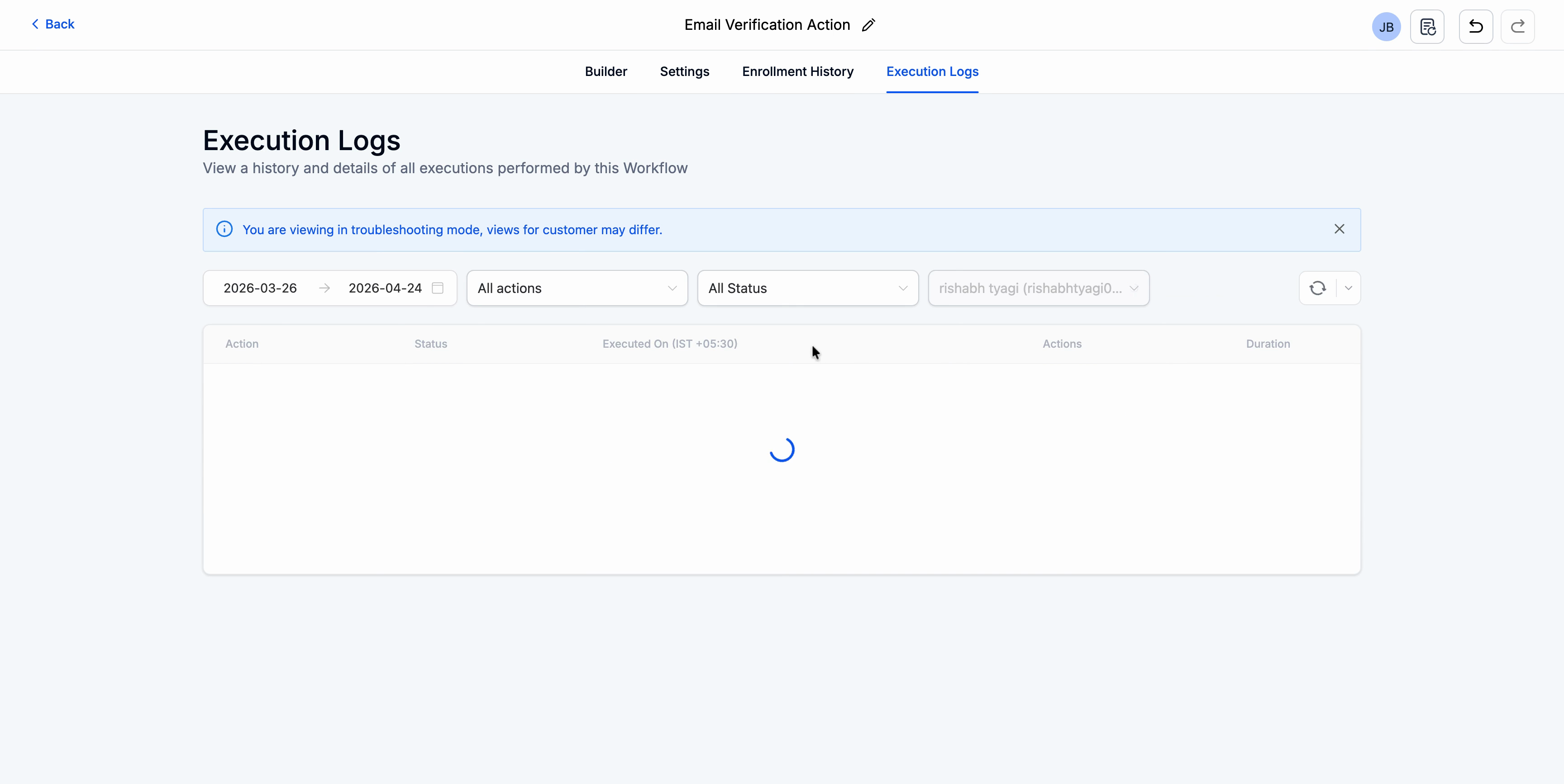Execution history of email verification