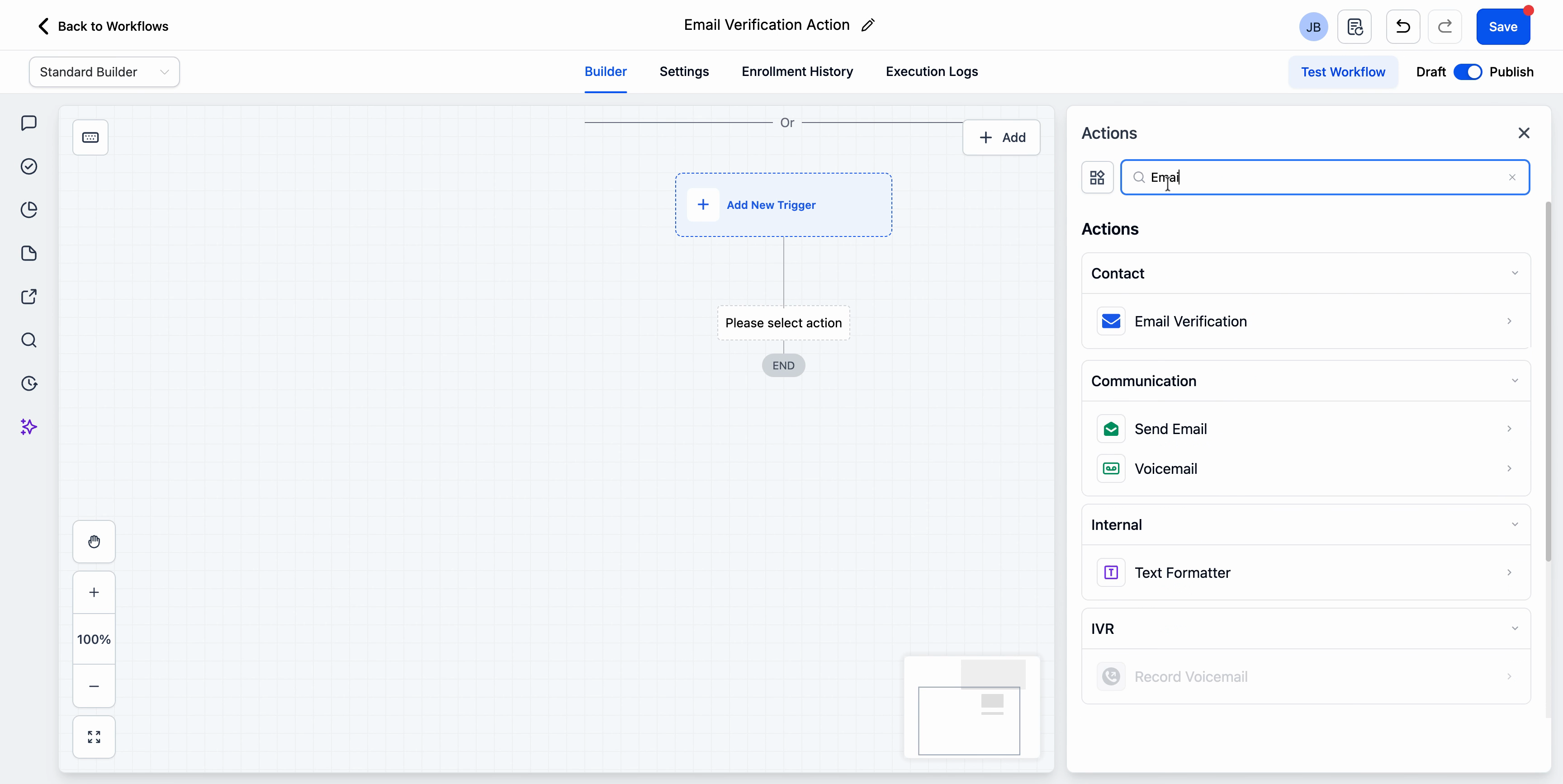 Search for Email Verification in the action list