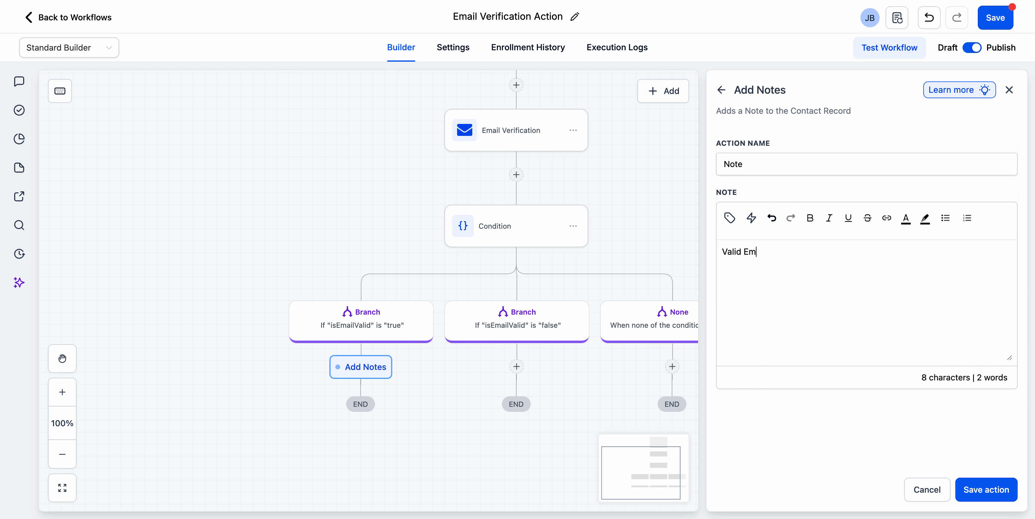 Add notes action to track valid contacts