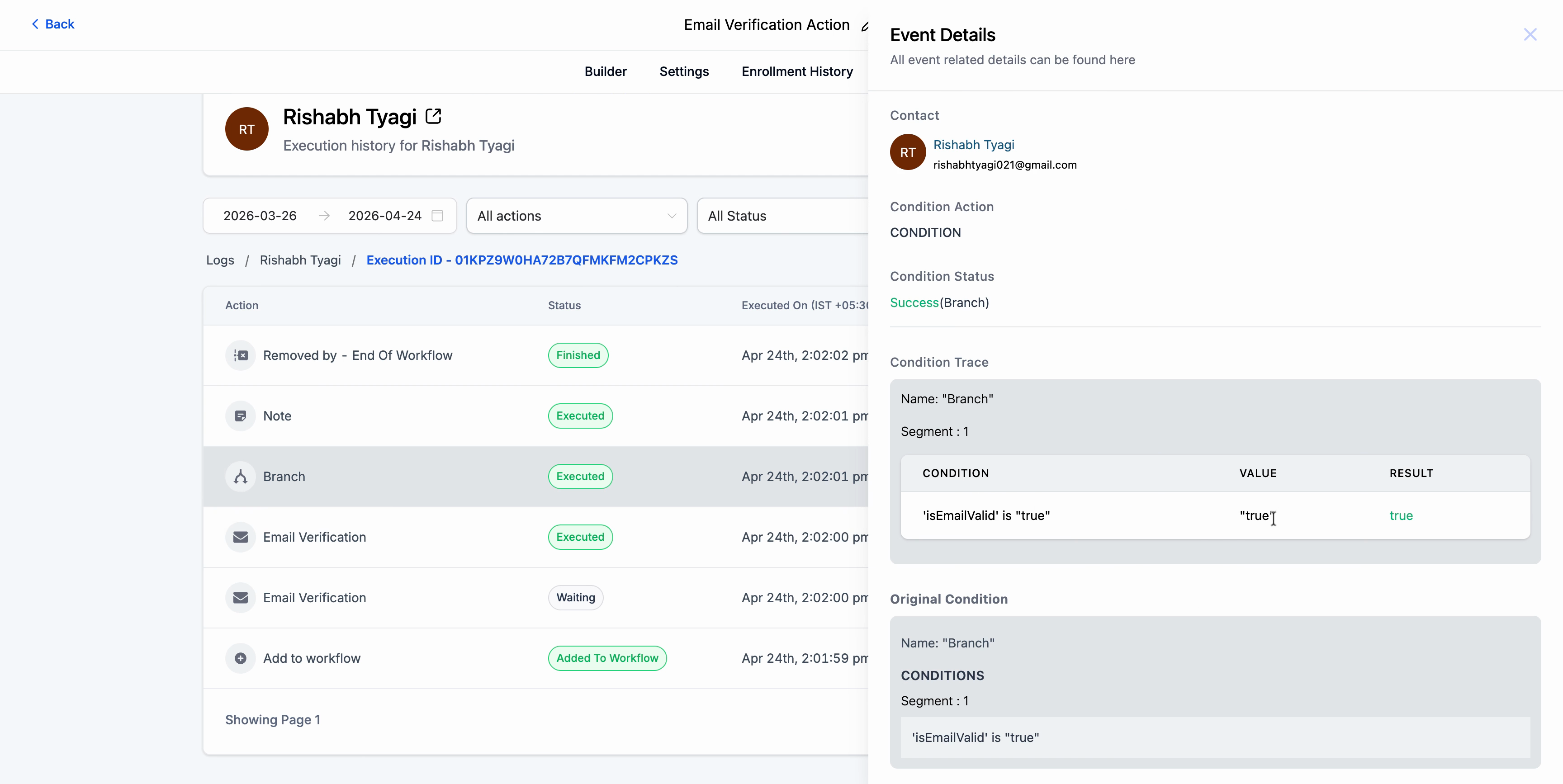 Execution history result - valid contact