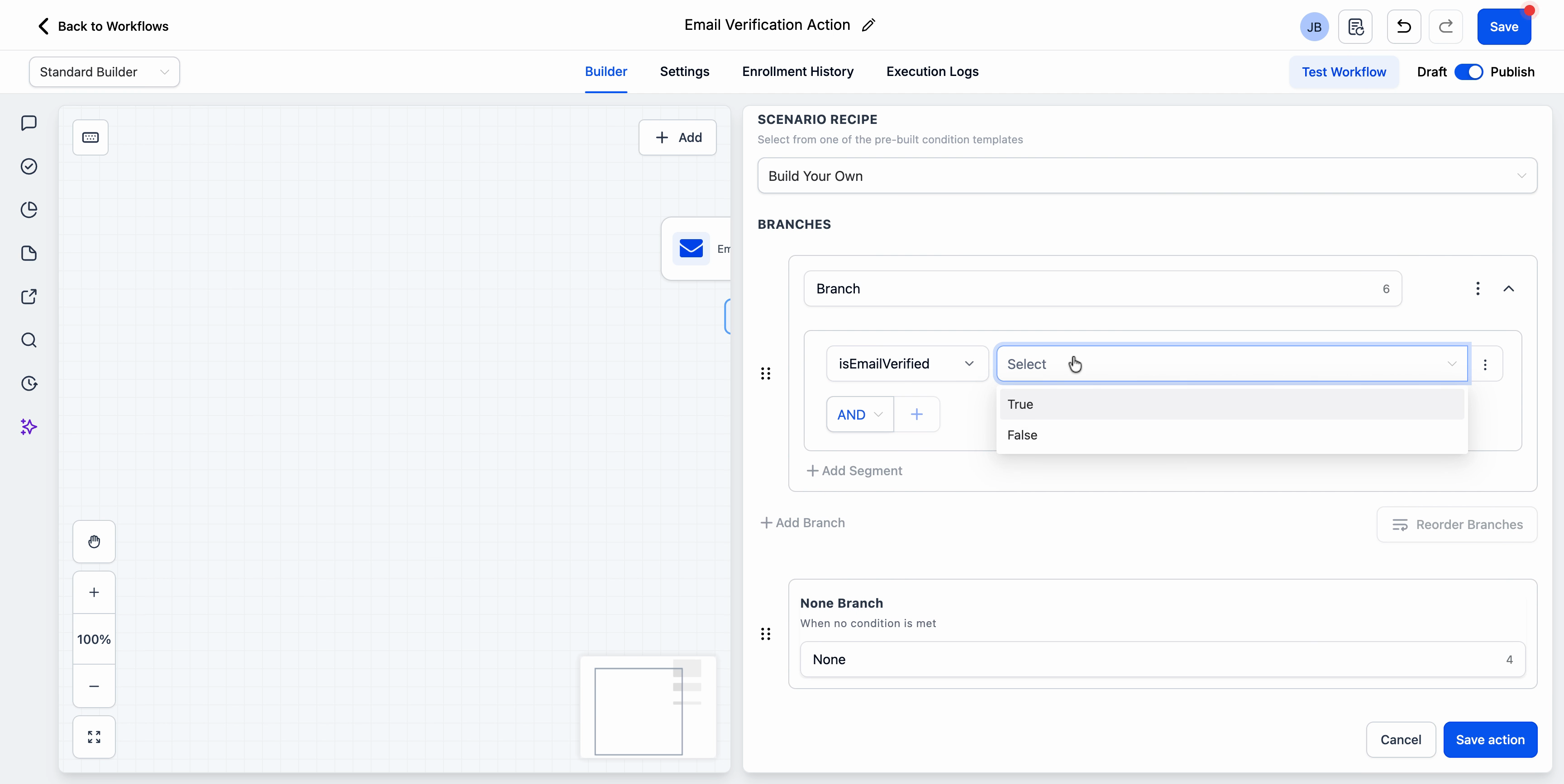 Condition configuration true branch