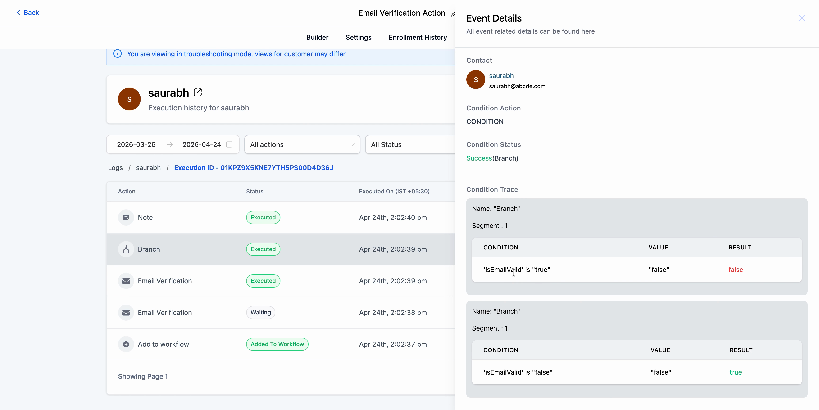 Execution history result - invalid contact