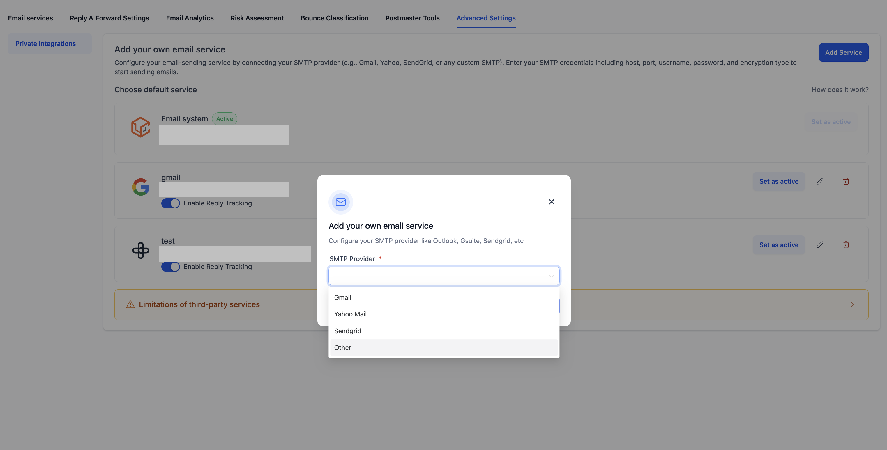 Choose your SMTP provider from the dropdown