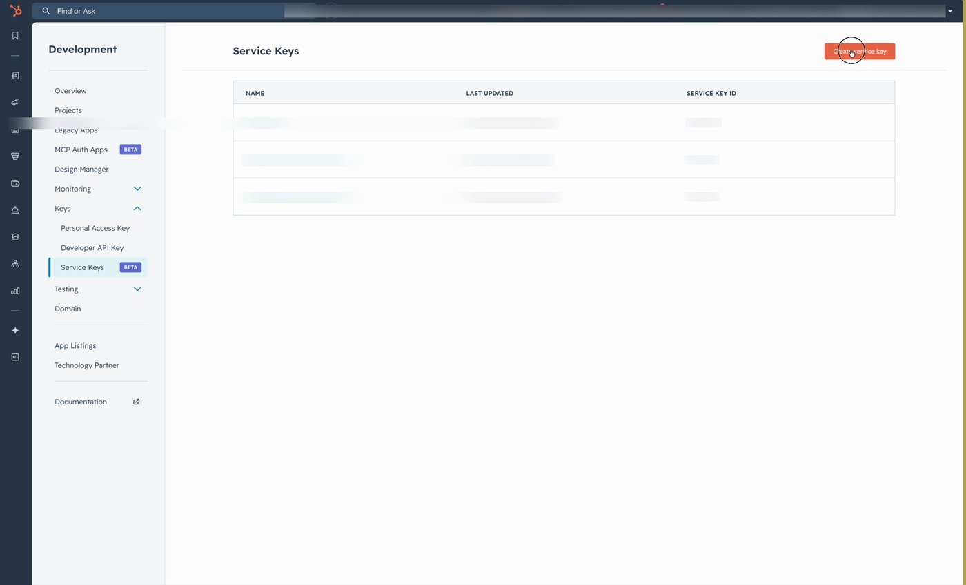 The Service Keys list page with the Create service key button highlighted in the top right.