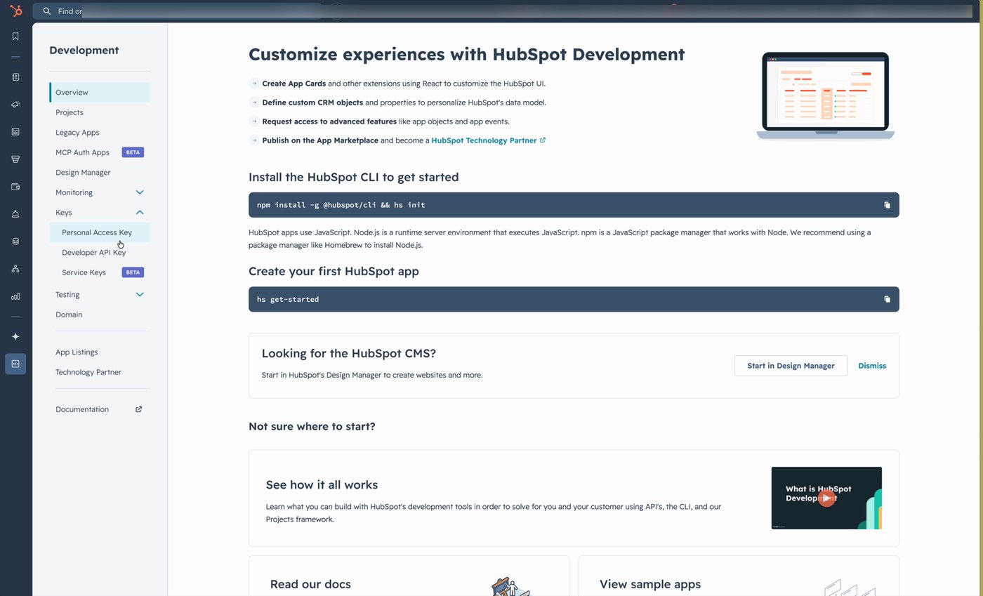 HubSpot left navigation showing Development → Keys → Service Keys (BETA).