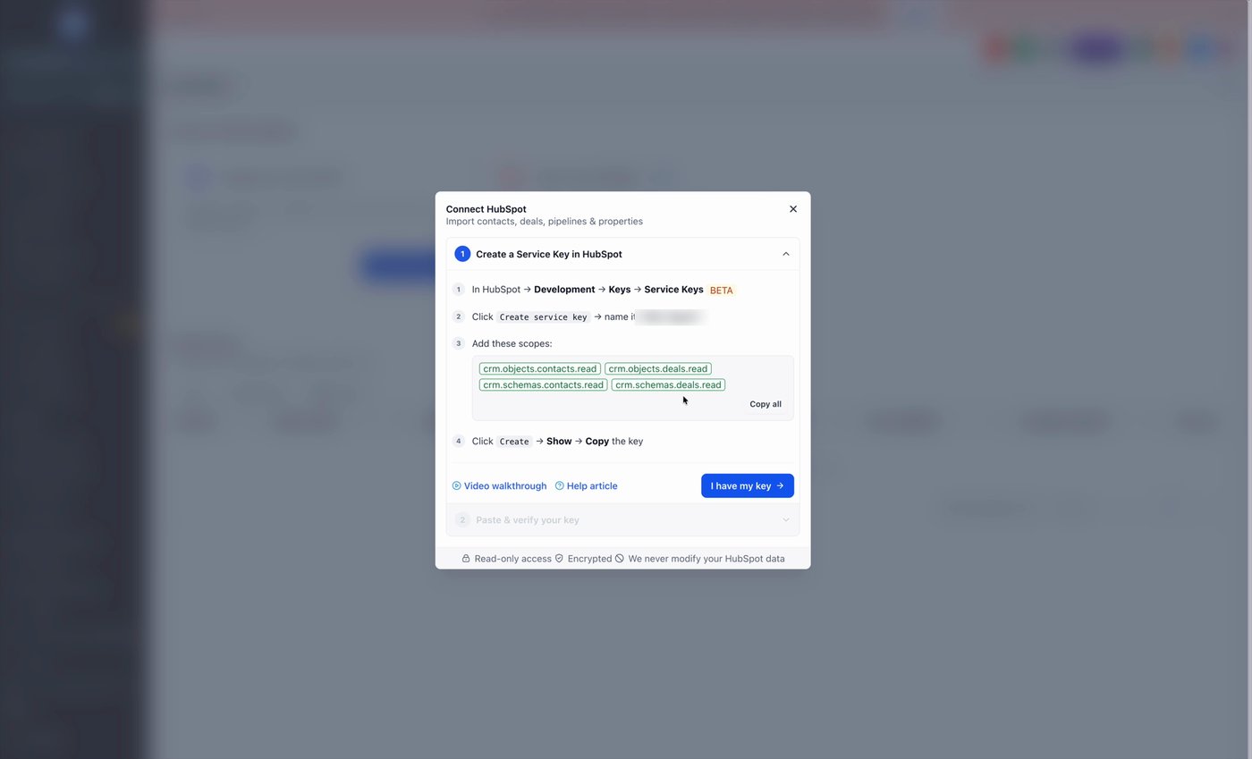 The Connect HubSpot panel showing instructions to create a service key.