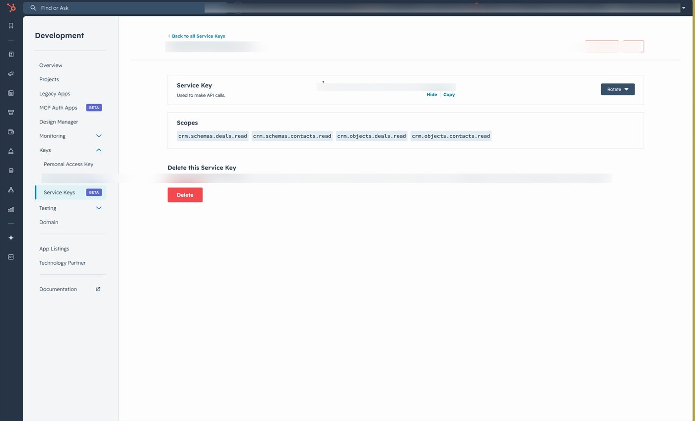 The newly created service key page showing the key value (blurred) with Copy and Hide options.