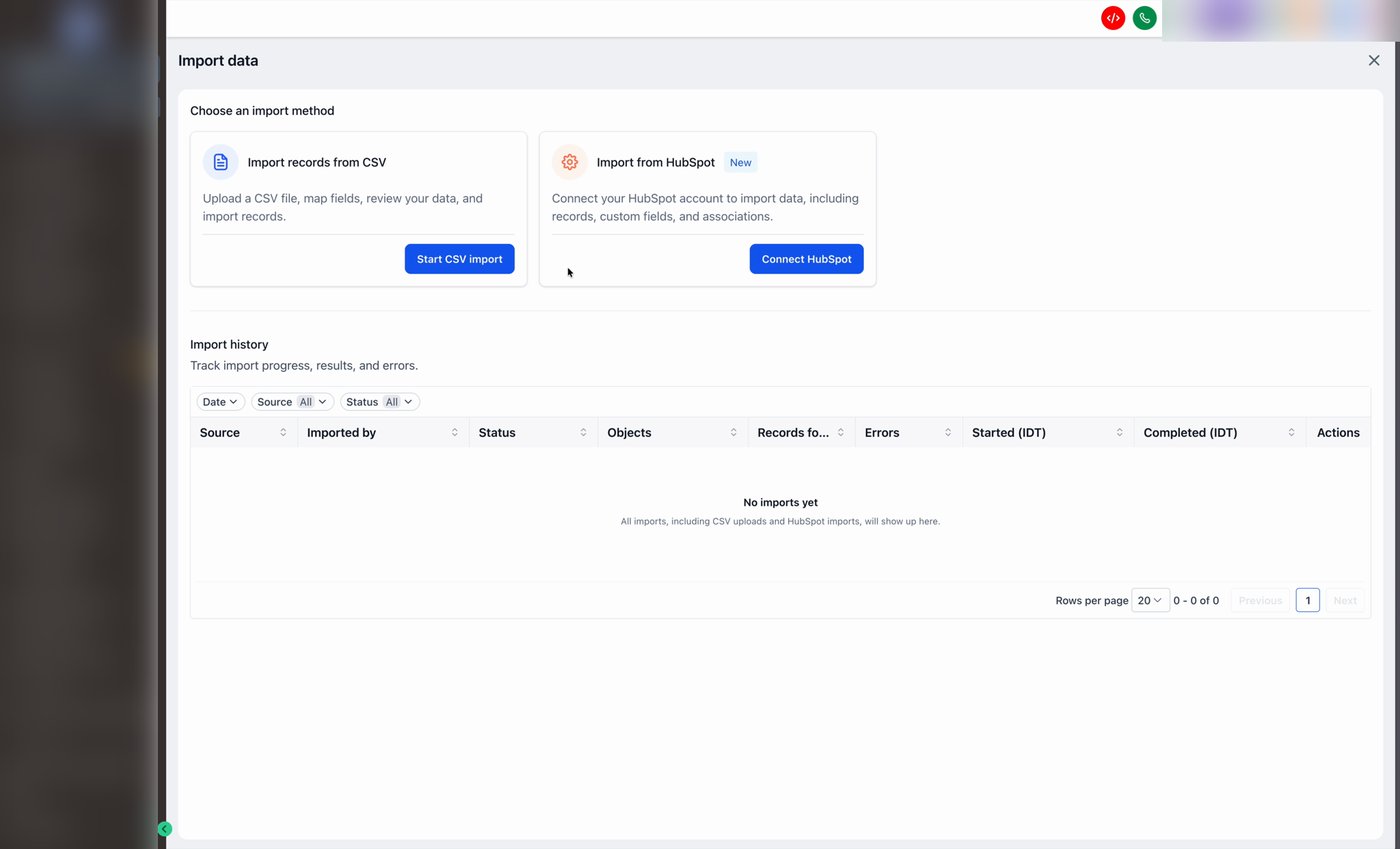 The Import data page showing two import methods: Import records from CSV and Import from HubSpot.