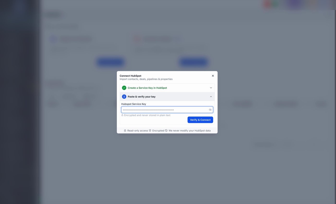 The Connect HubSpot panel with a service key pasted into the Hubspot Service Key field and the Verify & Connect button enabled.