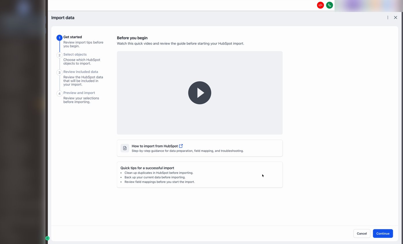 The Get started step of the import wizard, with a quick-tips video, link to the import guide, and tips for a successful import.