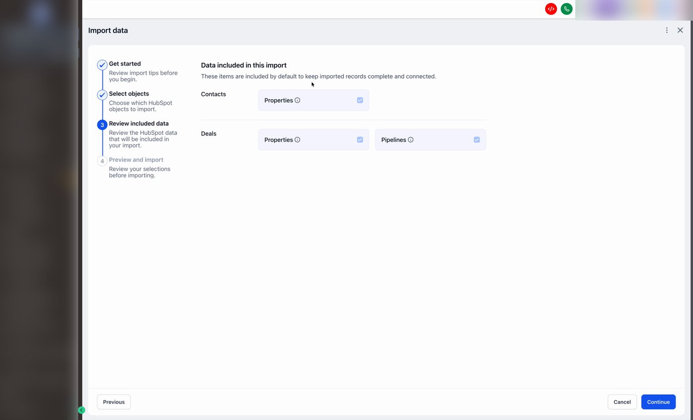 The Review included data step showing Contacts (Properties) and Deals (Properties and Pipelines) included by default.