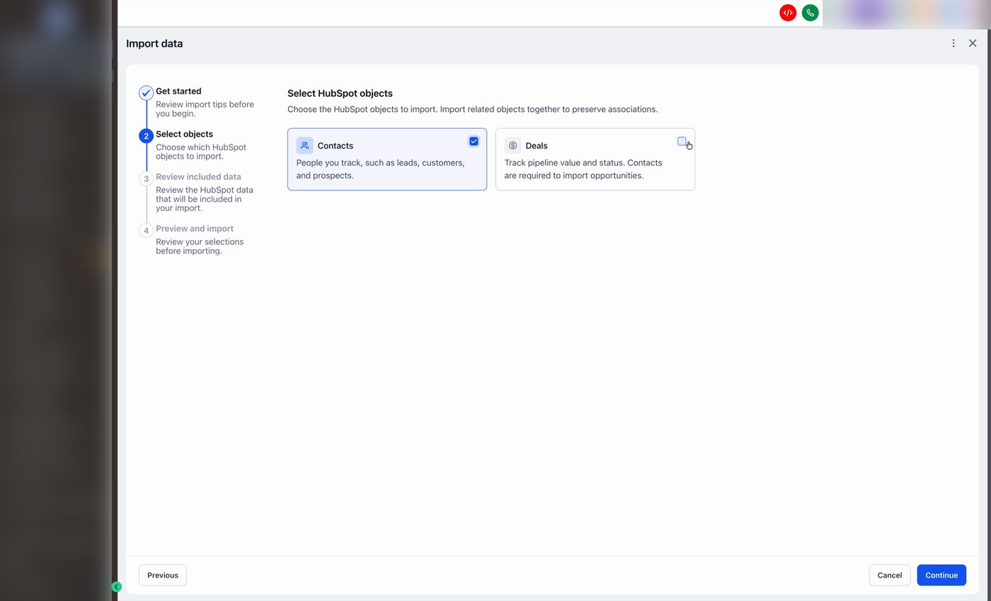 The Select objects step showing two cards: Contacts and Deals, with checkboxes to choose which to import.