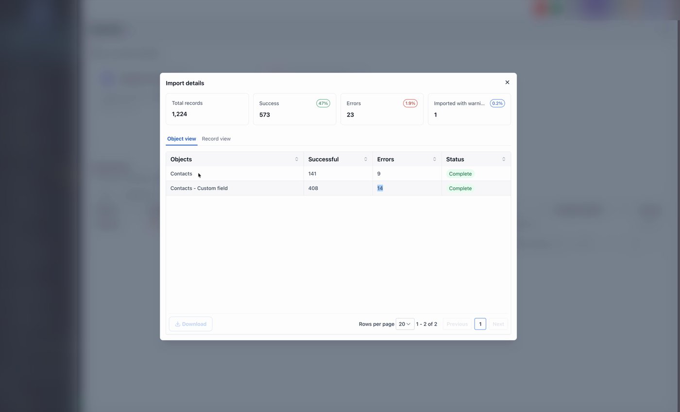 The Import details modal in Object view, showing total records, success, errors, and imported-with-warnings counts plus a per-object summary table.