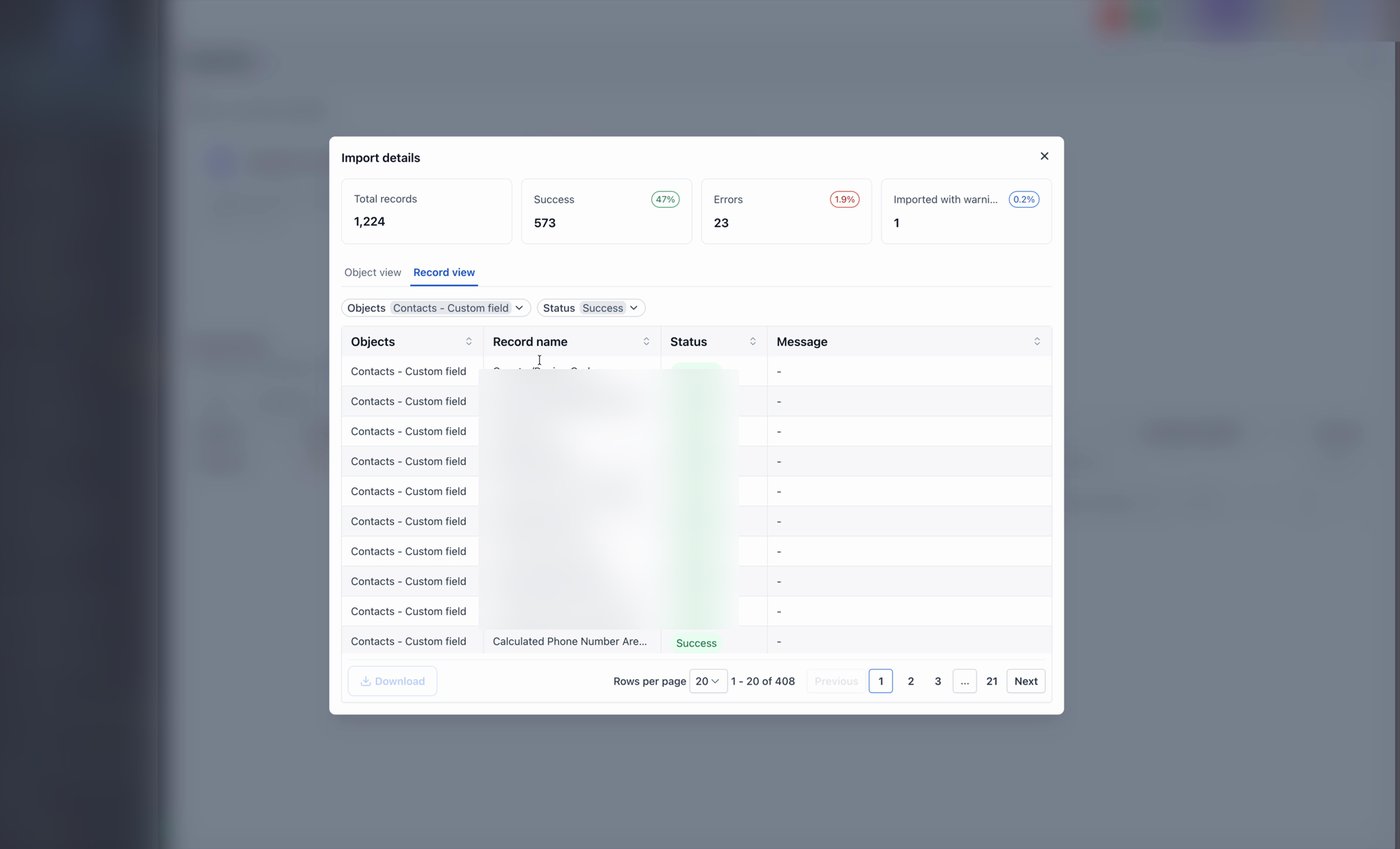 The Import details modal in Record view, filtered to Status = Success, showing successfully imported records.