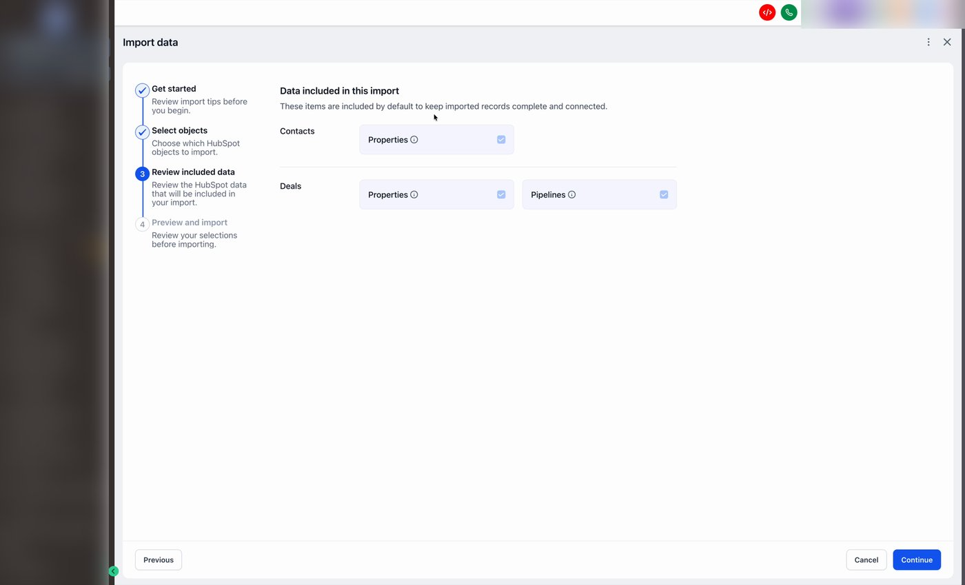 The Review included data step showing Contacts (Properties) and Deals (Properties and Pipelines) included by default.