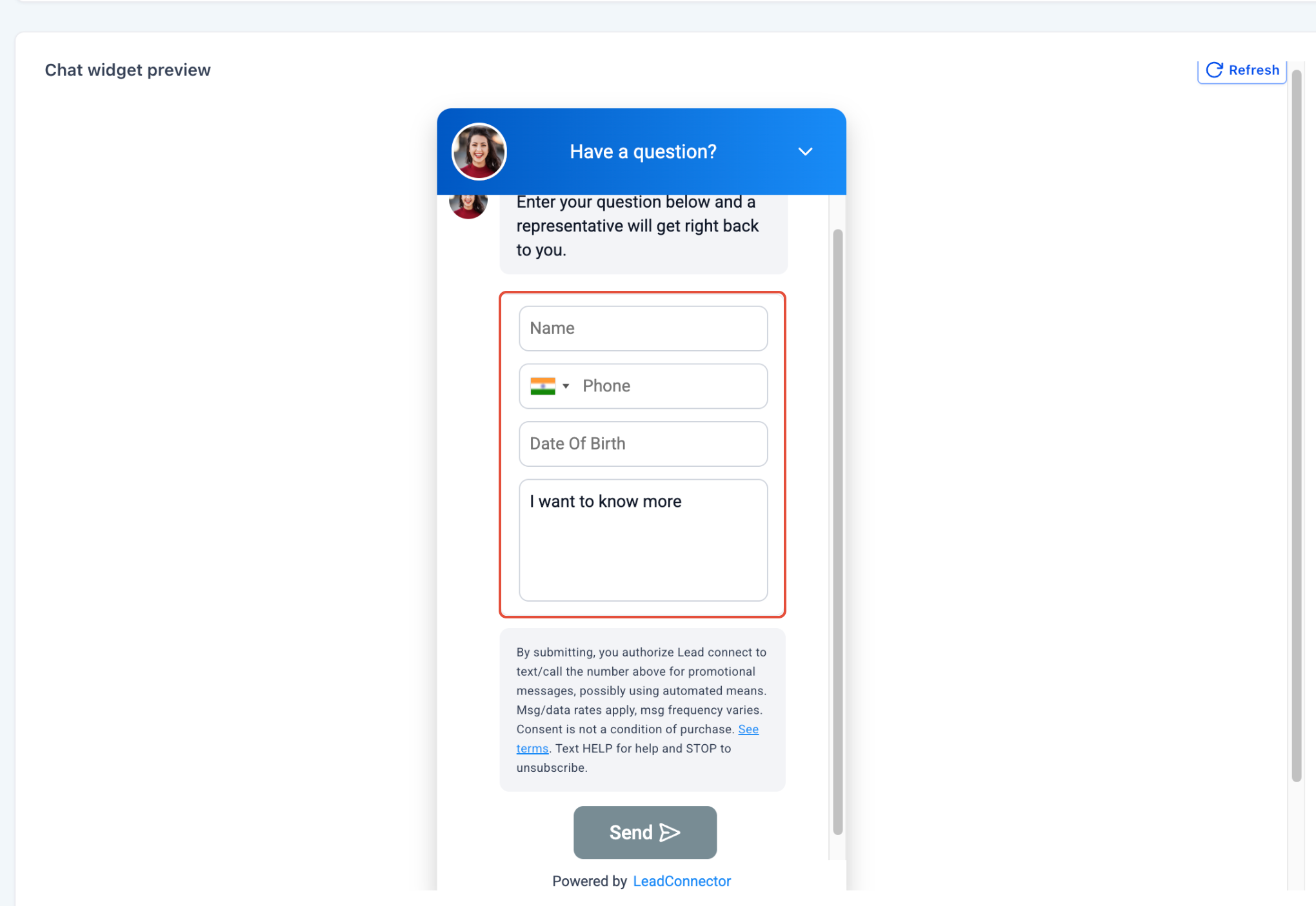 Screenshot of chat widget preview showing mandatory Date of Birth field