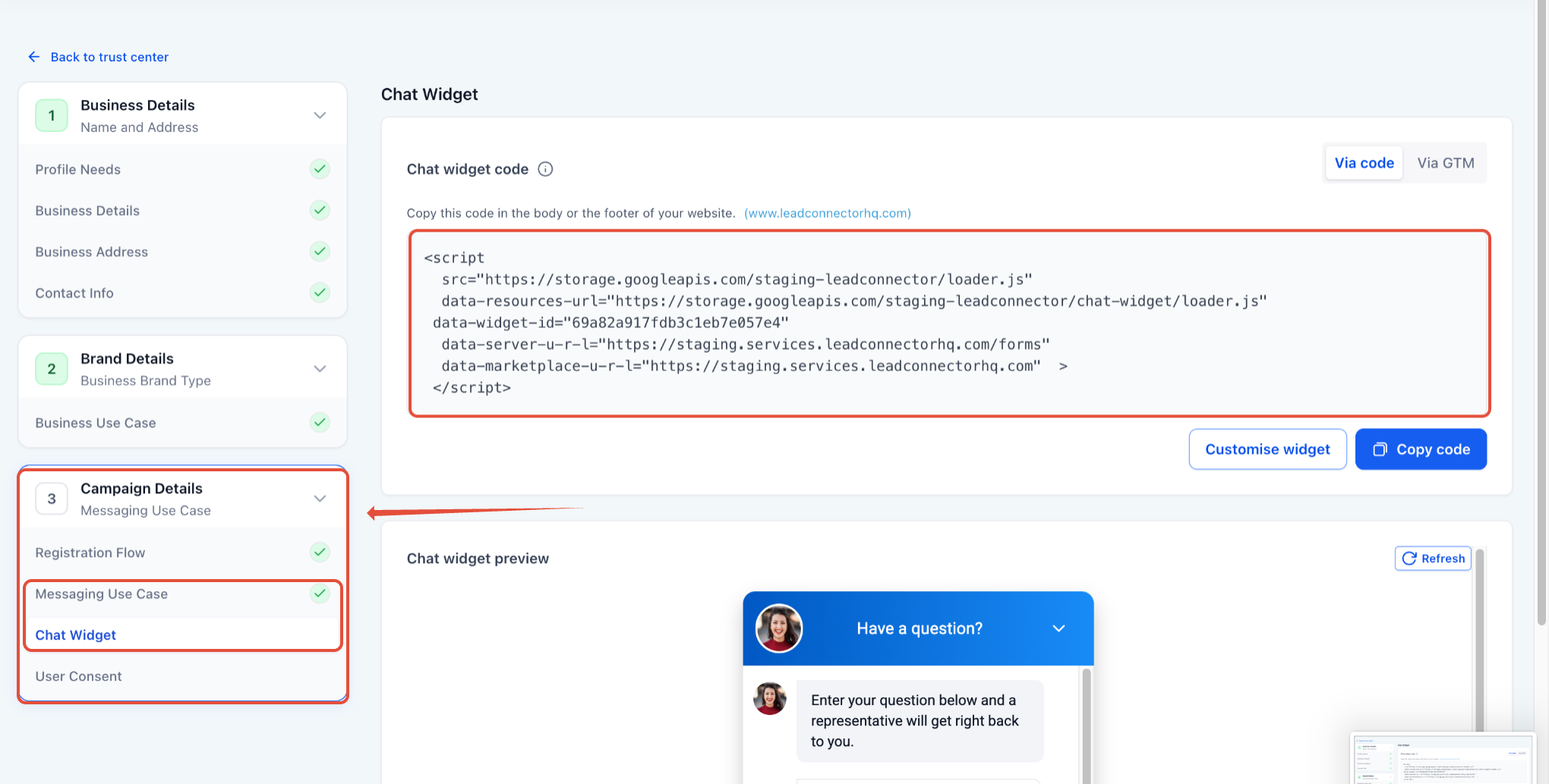 Screenshot of the Chat Widget configuration screen showing embed code and customization options