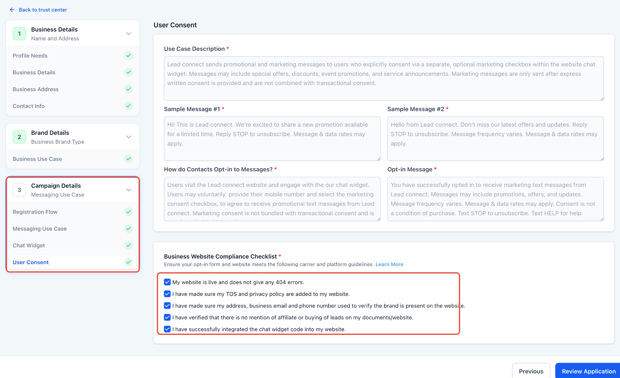 Screenshot of the User Consent review screen showing compliance checklist and sample messages