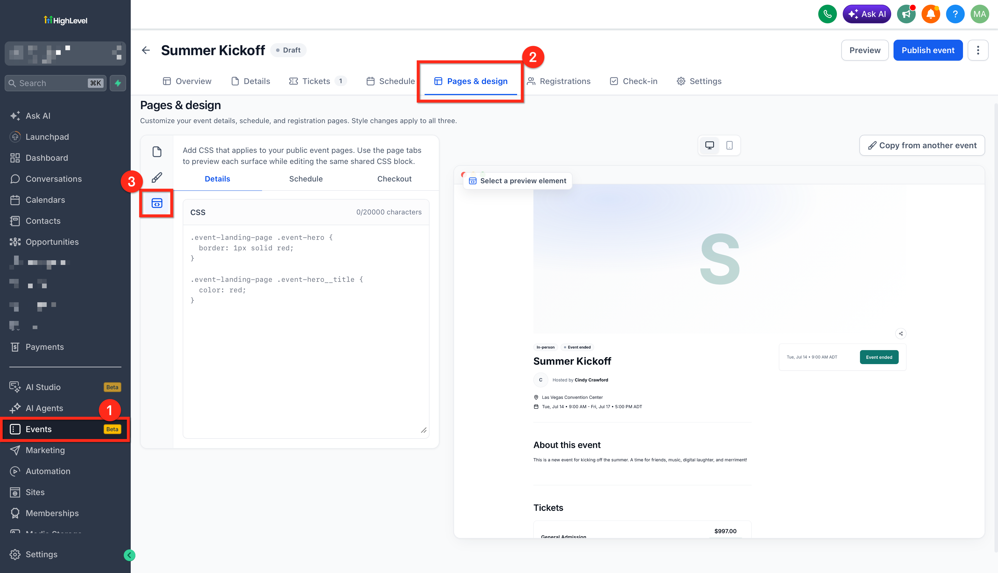 Custom CSS editor interface showing the CSS input panel and live preview