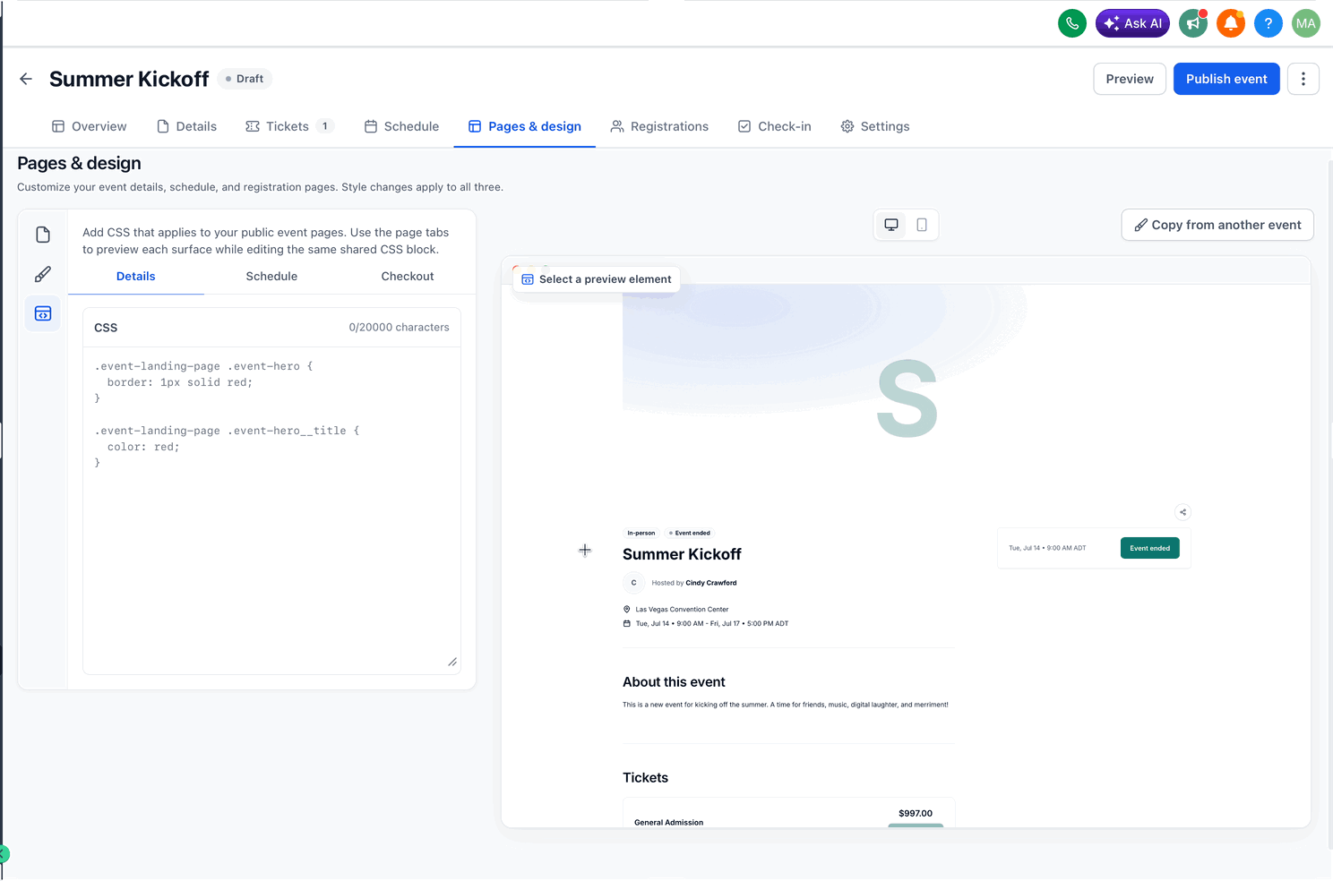 Click-to-select interface showing an element's CSS selector with copy and insert options