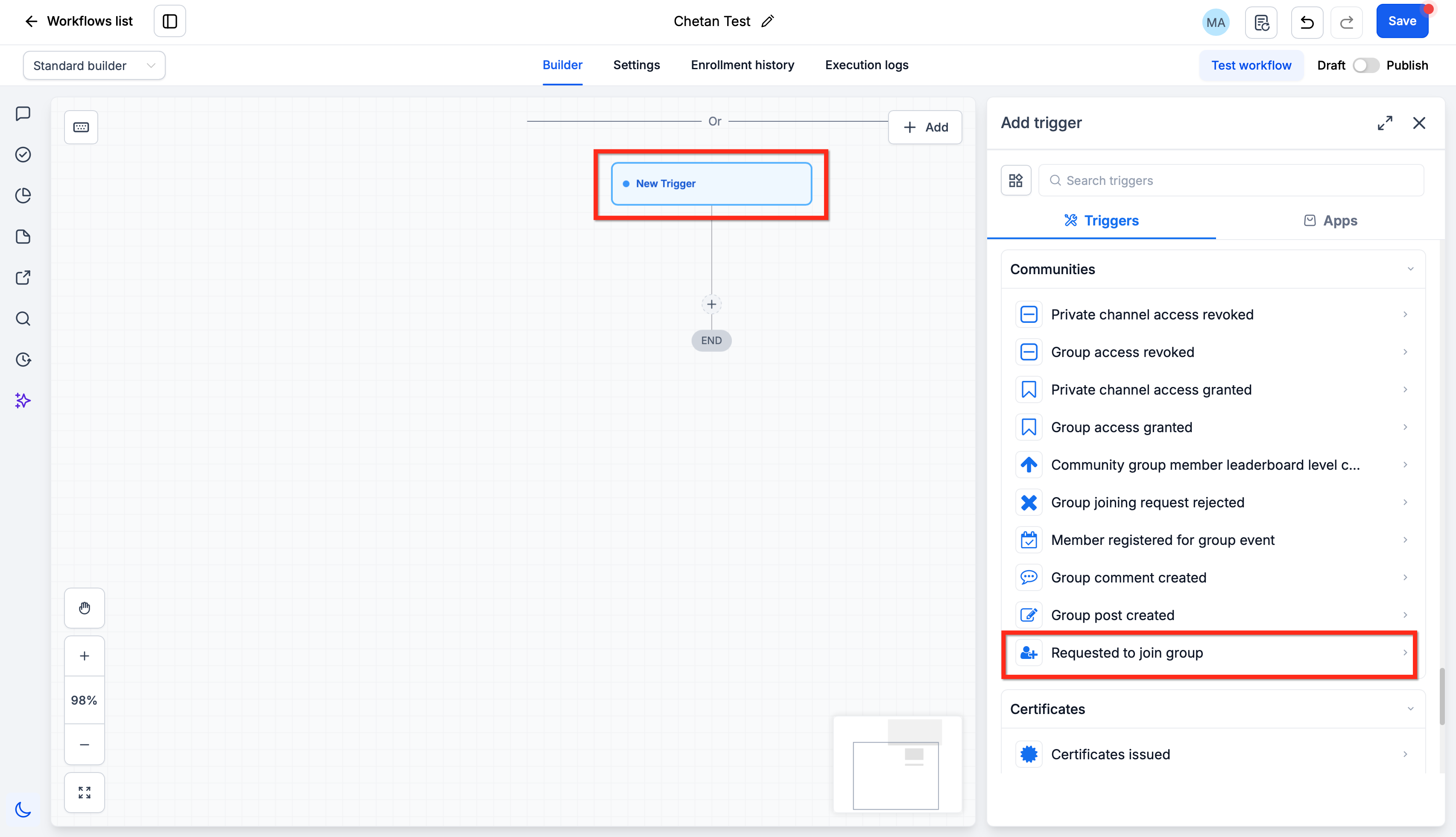 Screenshot displaying the group filter selection dropdown in the workflow trigger configuration