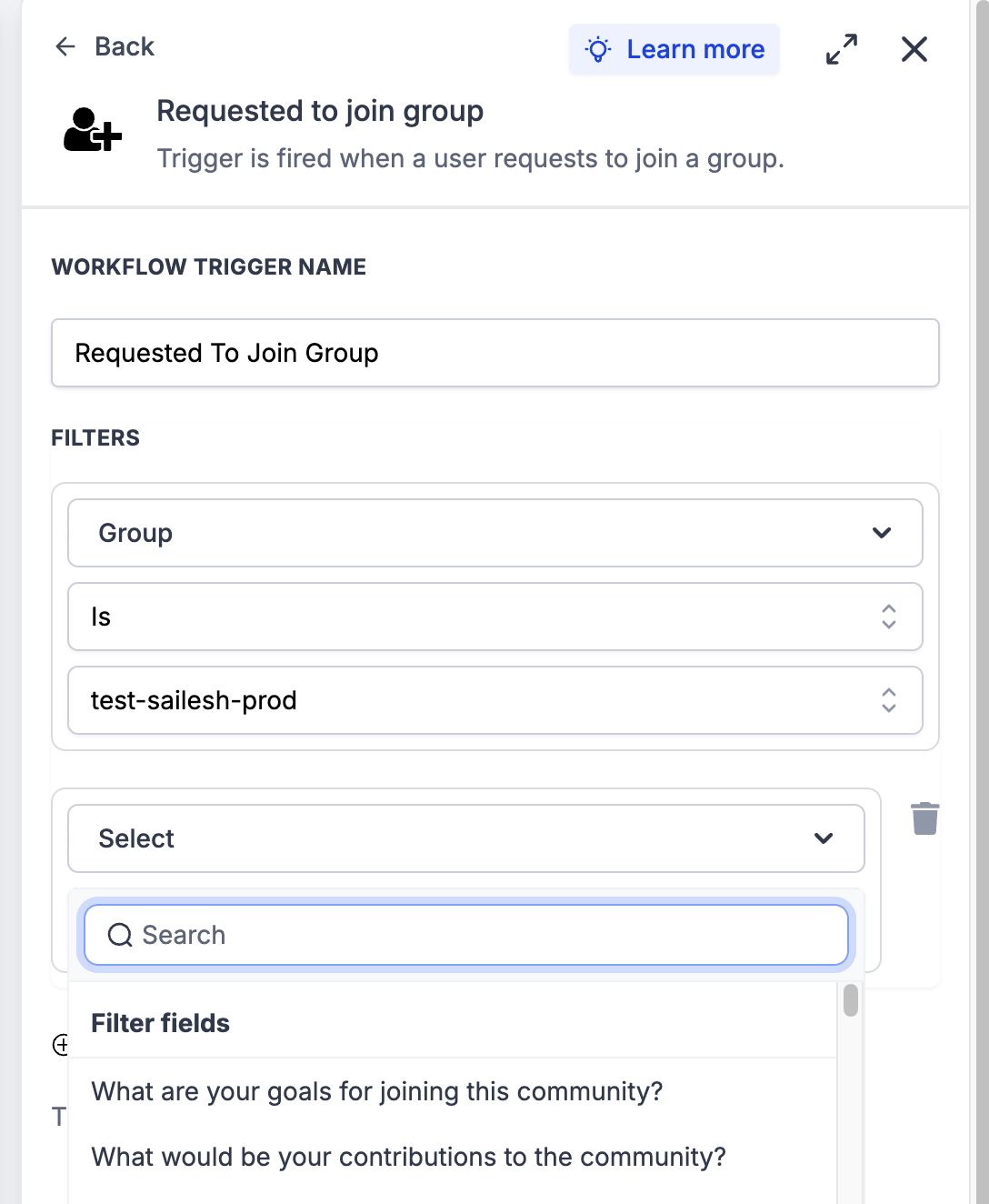Screenshot showing membership question response filters dynamically populated based on selected group
