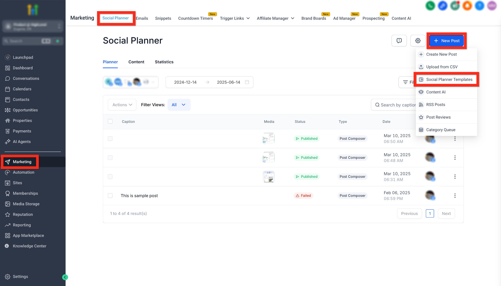 New Post menu with Social Planner Templates highlighted.