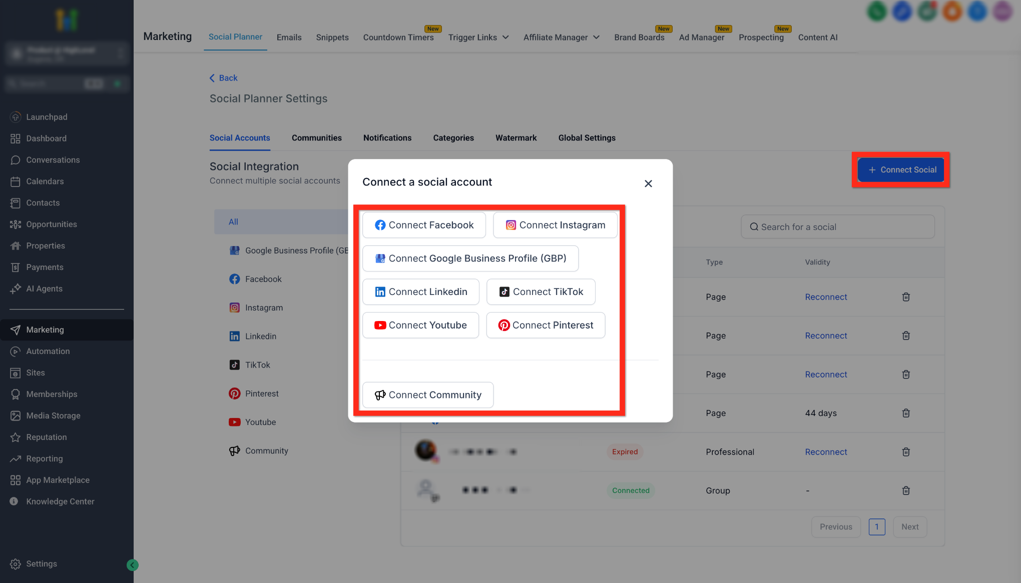 Connect a social account window showing the available social integrations.