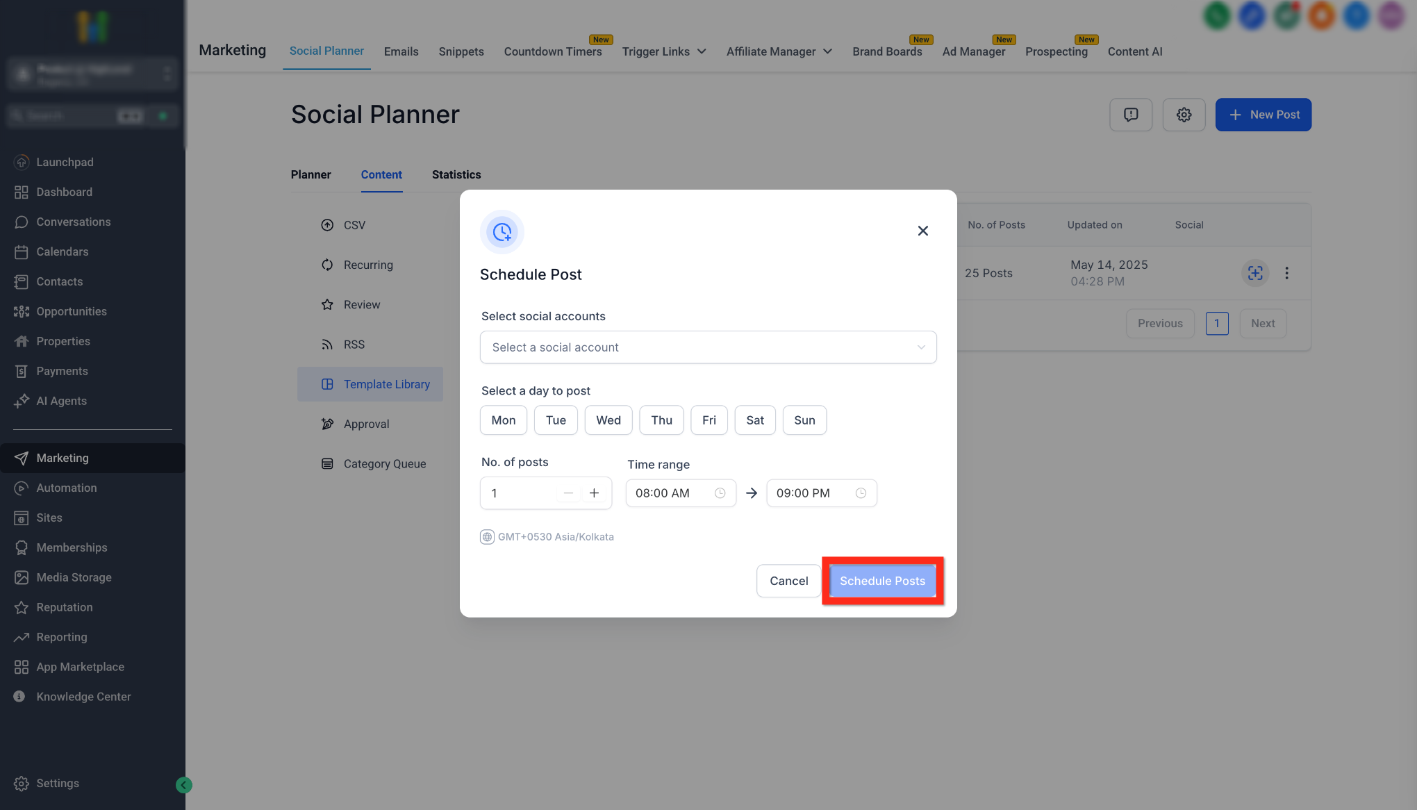 Schedule Post window showing social account, posting days, post count, time range, and Schedule Posts button.