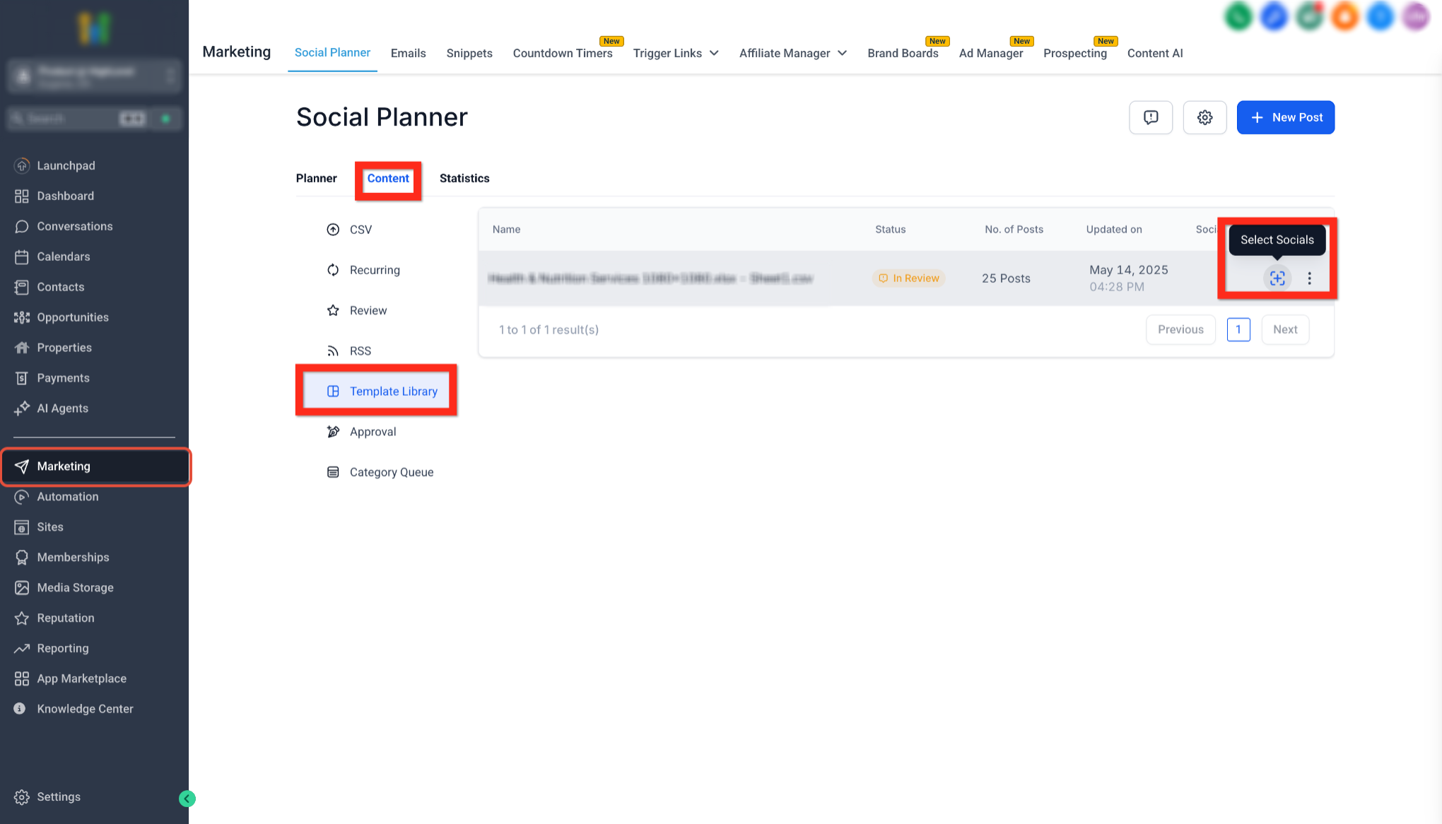 Template Library showing the Select Socials icon.