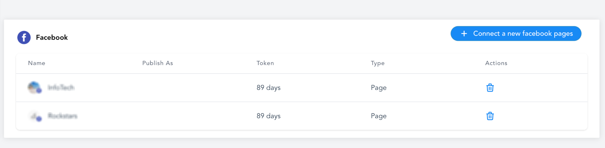 Connected Facebook Pages displayed in Social Planner.