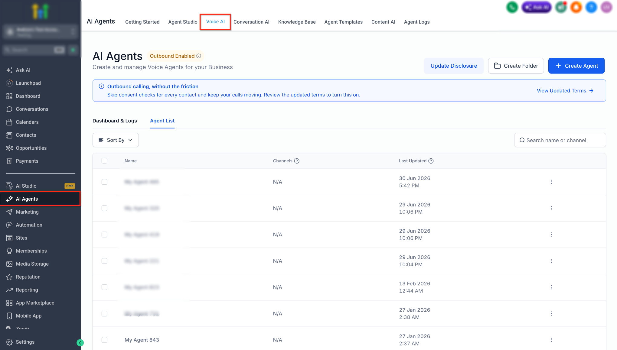 Voice AI selected under AI Agents with the Agent List displayed.