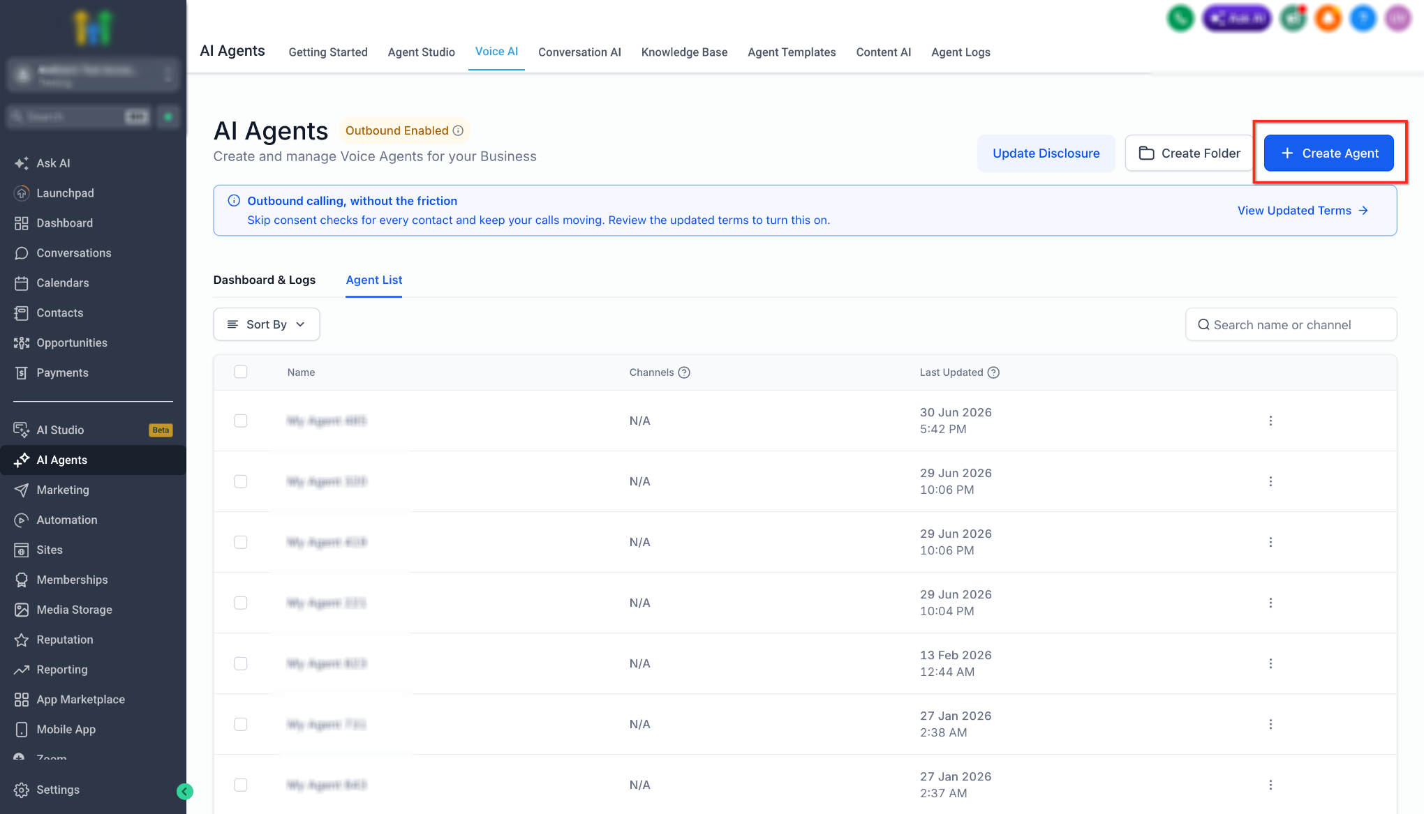 Voice AI Agent List with the Create Agent button highlighted.