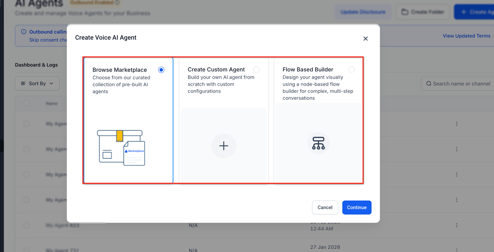 Create Voice AI Agent window showing Marketplace, Custom Agent, and Flow Based Builder.