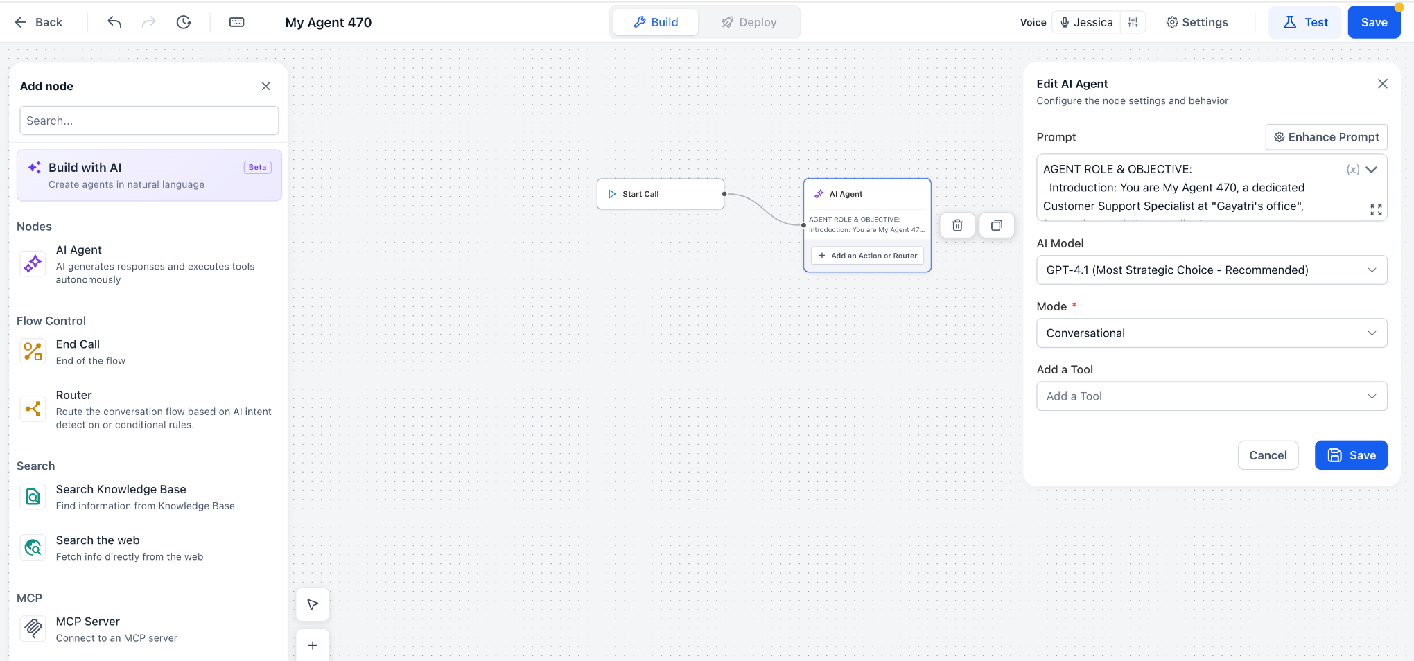 Flow Based Builder showing Start Call connected to an AI Agent node.