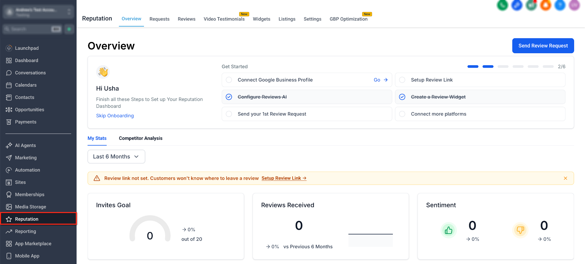 HighLevel Reputation Overview page with Reputation highlighted in the navigation.
