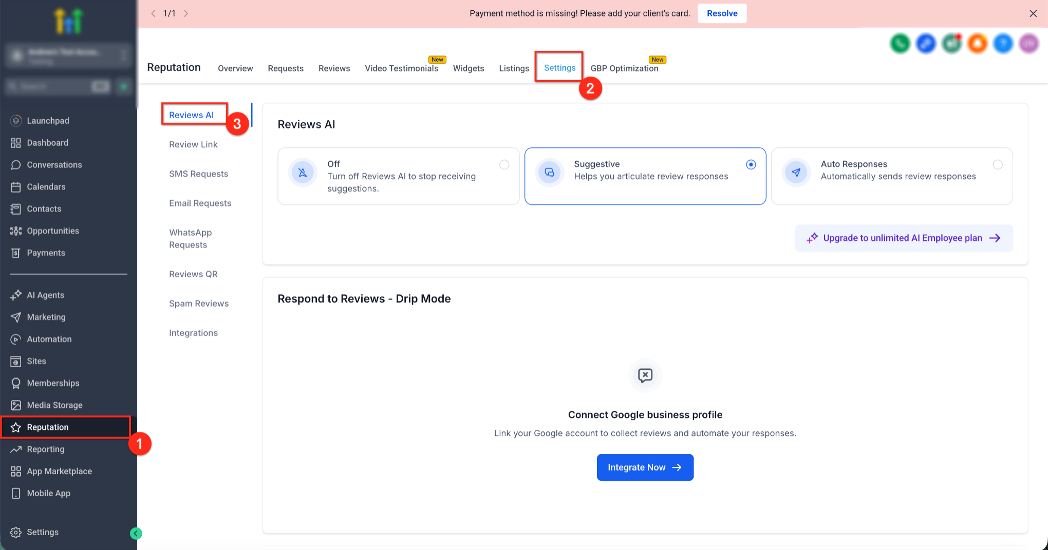 Reputation Settings showing Reviews AI modes and the Google Business Profile integration prompt.