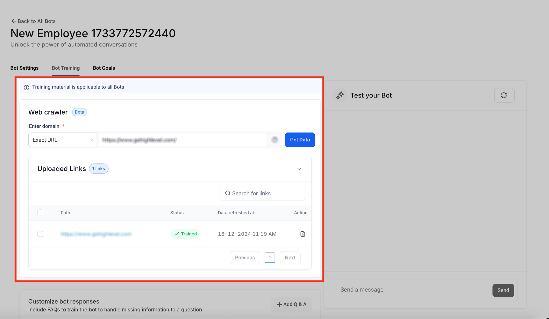 Uploaded Links table showing a trained website URL and its refresh timestamp.