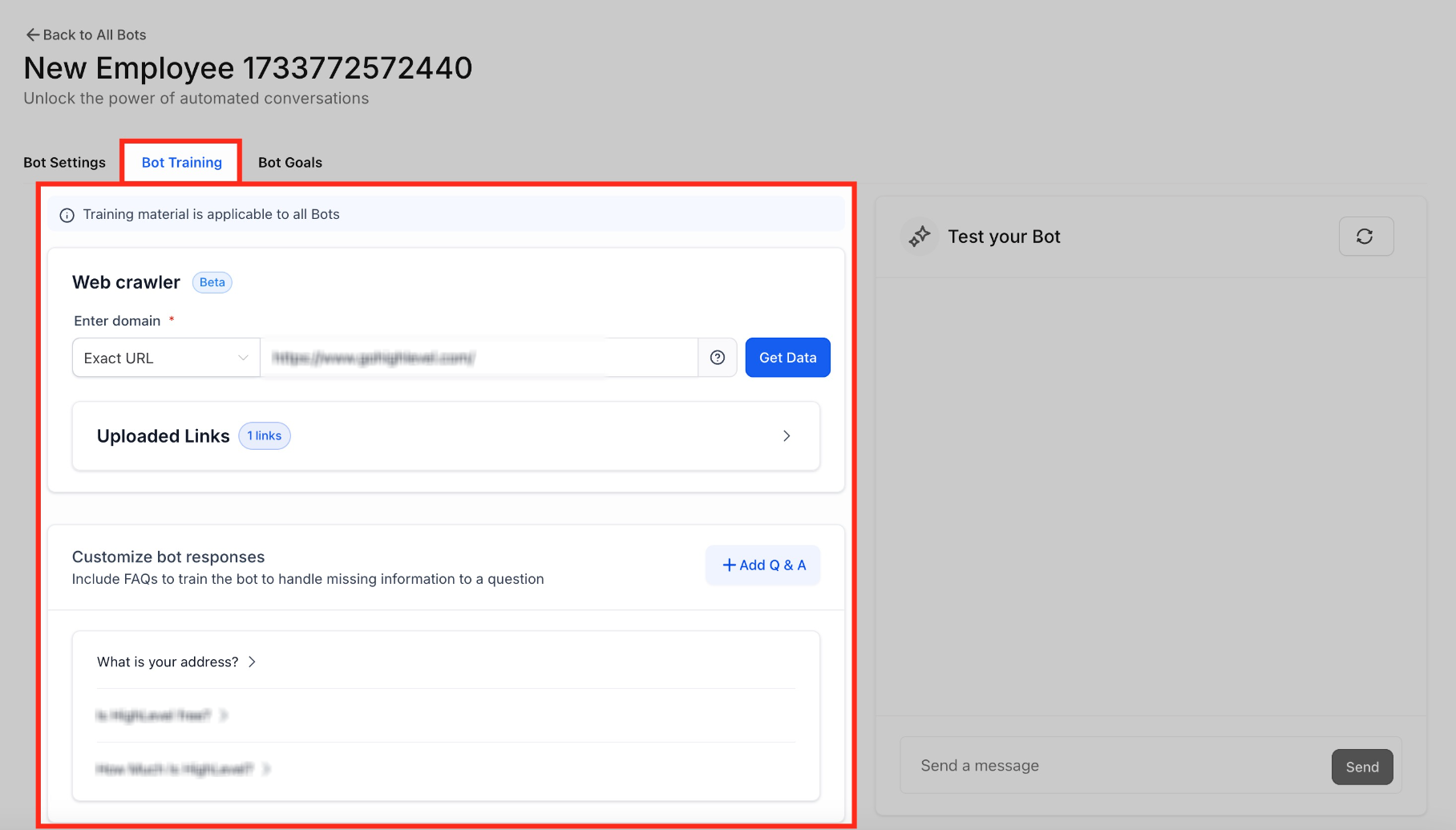 Conversation AI Bot Training tab showing Web Crawler, Uploaded Links, Custom Bot Responses, and Test your Bot.