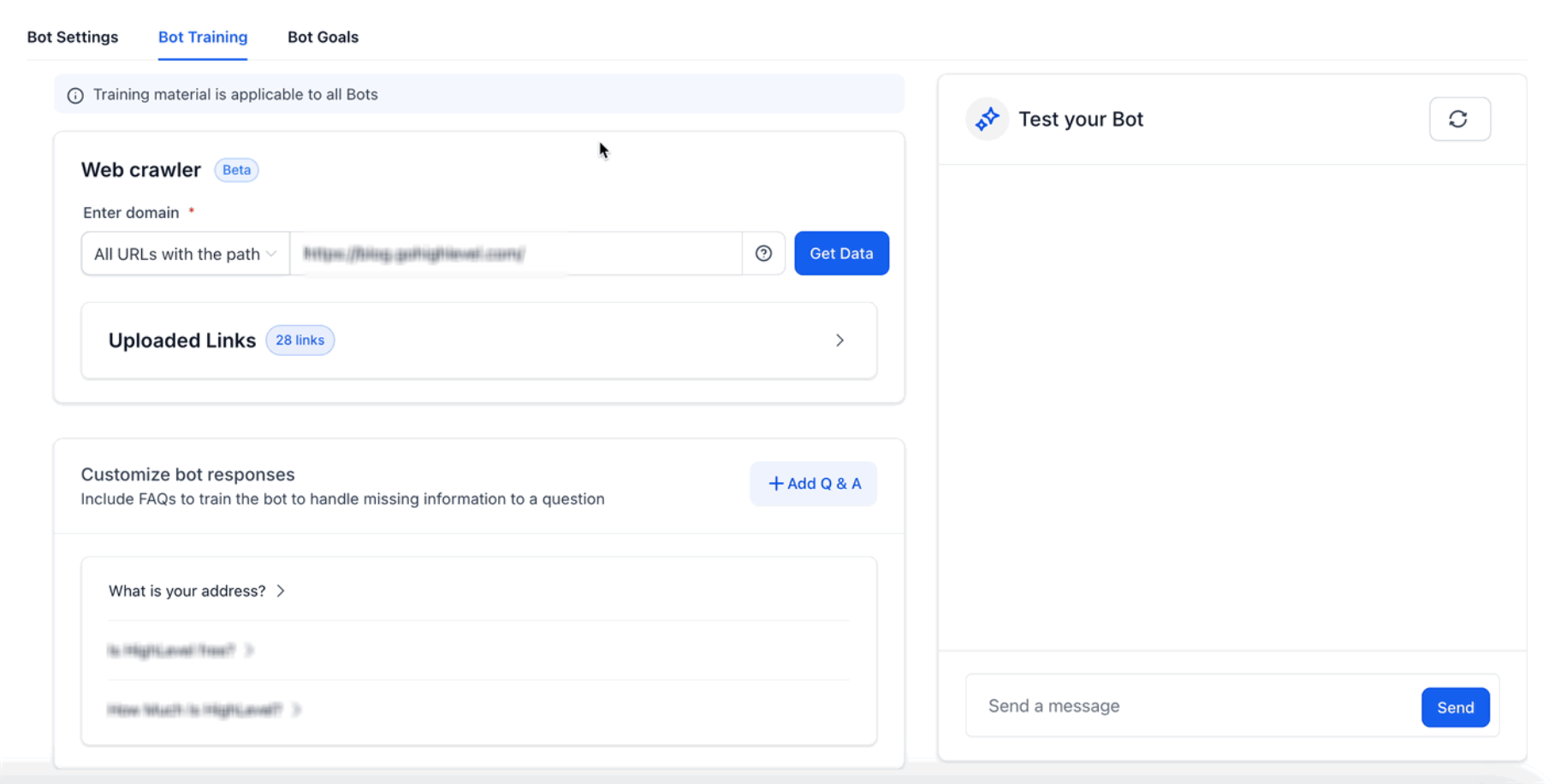 Web Crawler retrieving website pages after Get Data is selected.