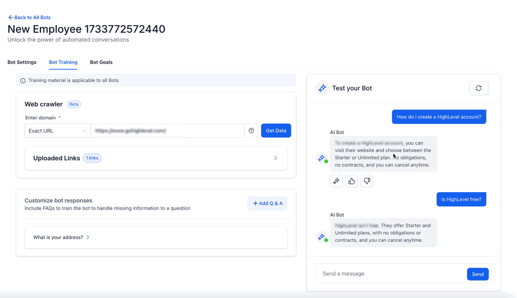 Customer questions and Conversation AI answers shown in the Test your Bot panel.