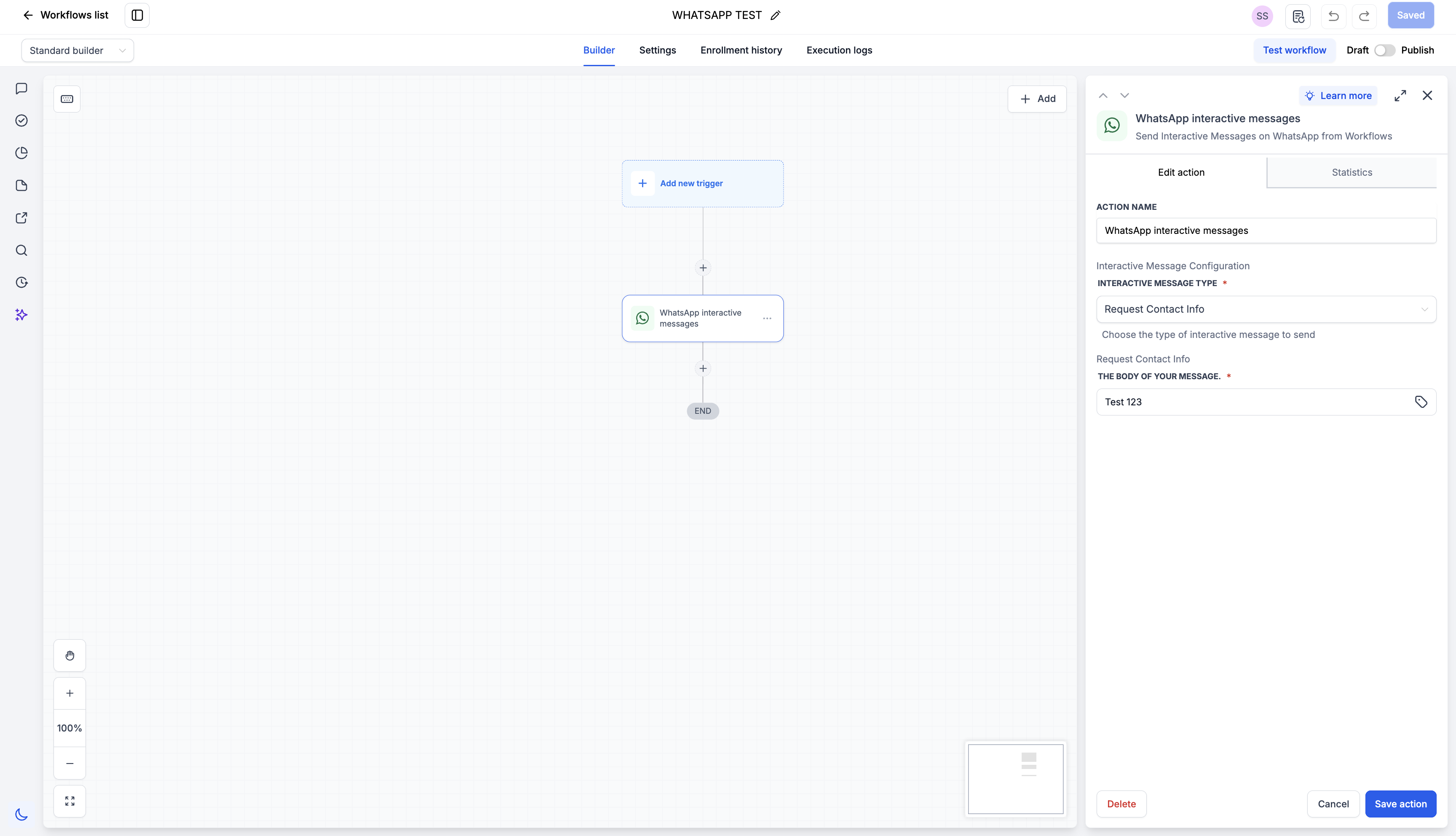 Configuring the Request Contact Info WhatsApp interactive message action