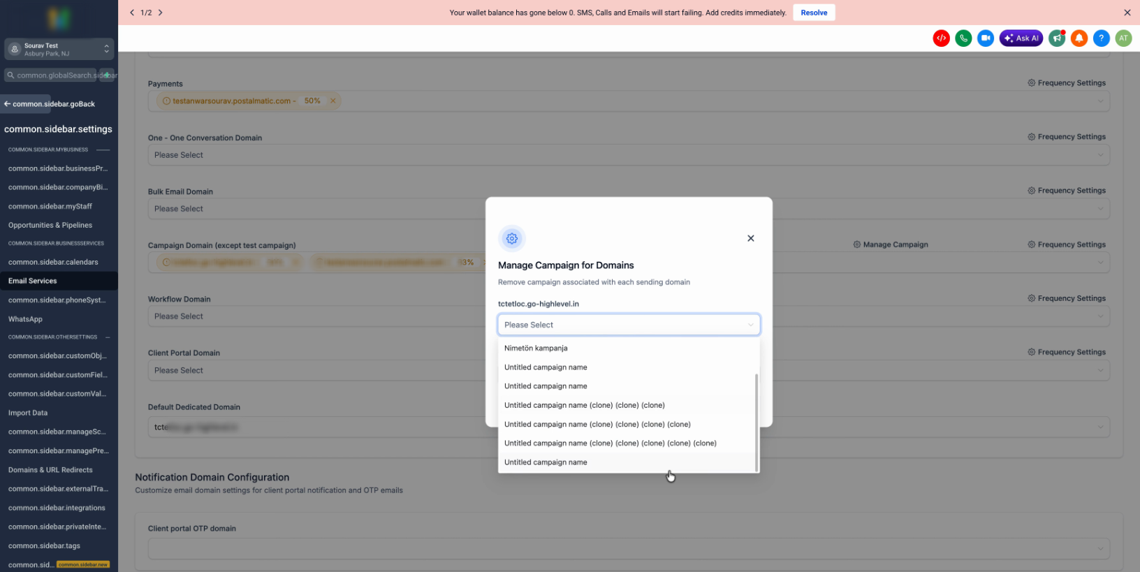 Manage Campaign view listing every campaign tied to the domain