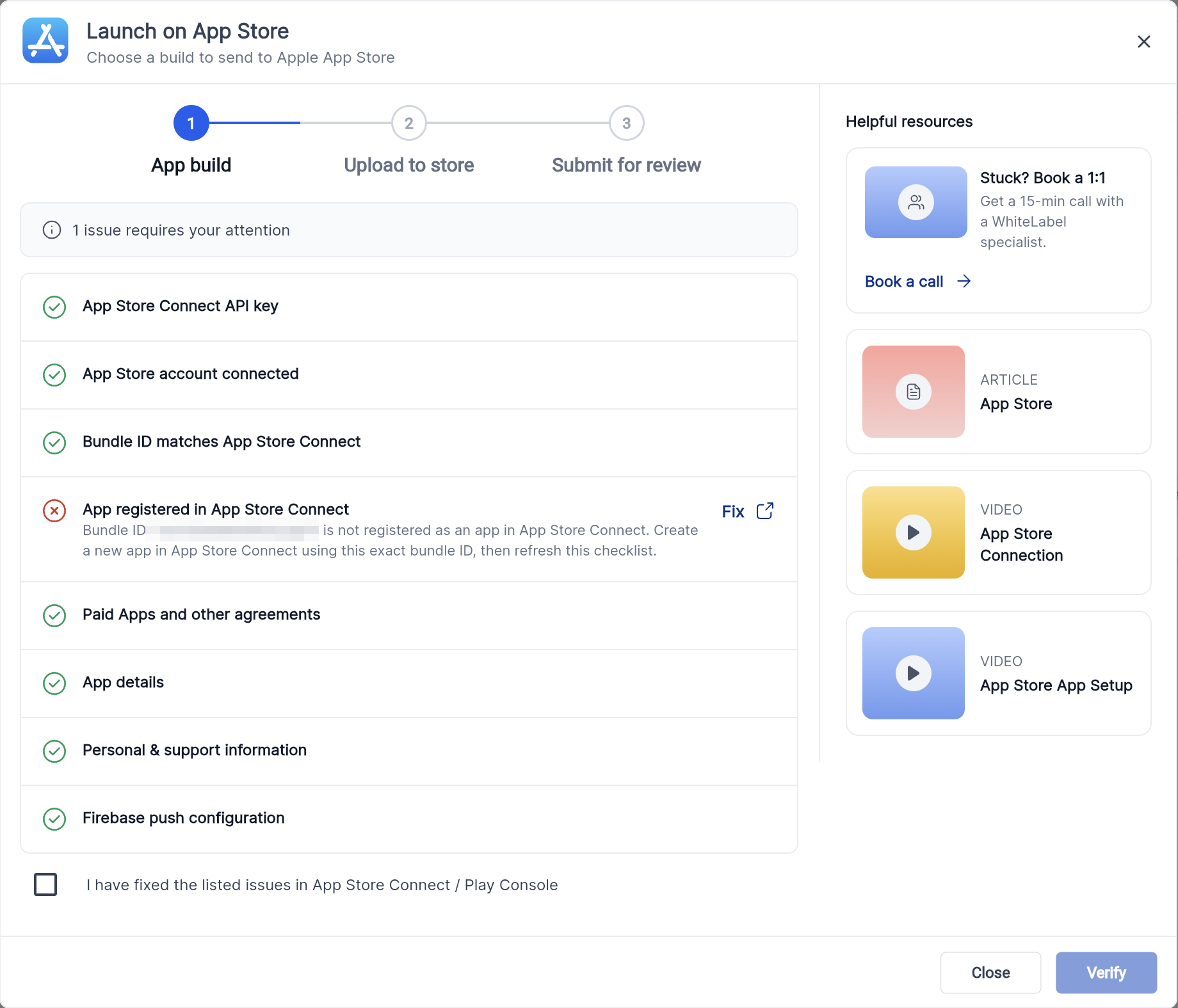 The App build checklist. A banner shows how many issues need your attention, and each issue that needs fixing has a Fix shortcut.
