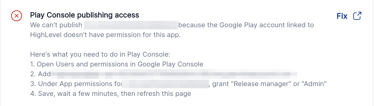 When the cause is a missing permission, the checklist gives you the exact steps to follow in Play Console.