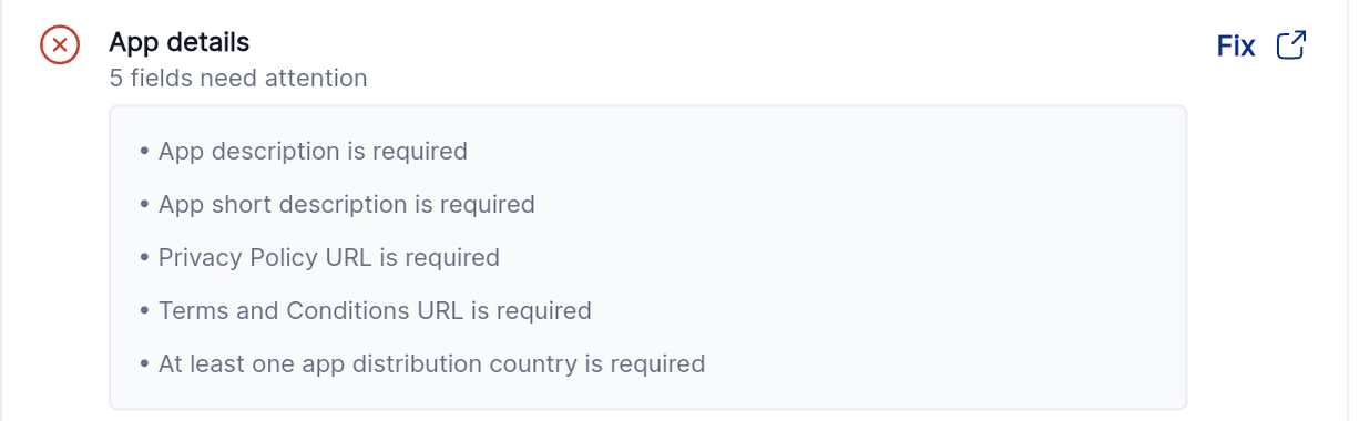 App details lists every field that needs attention, so you can complete them in one pass.