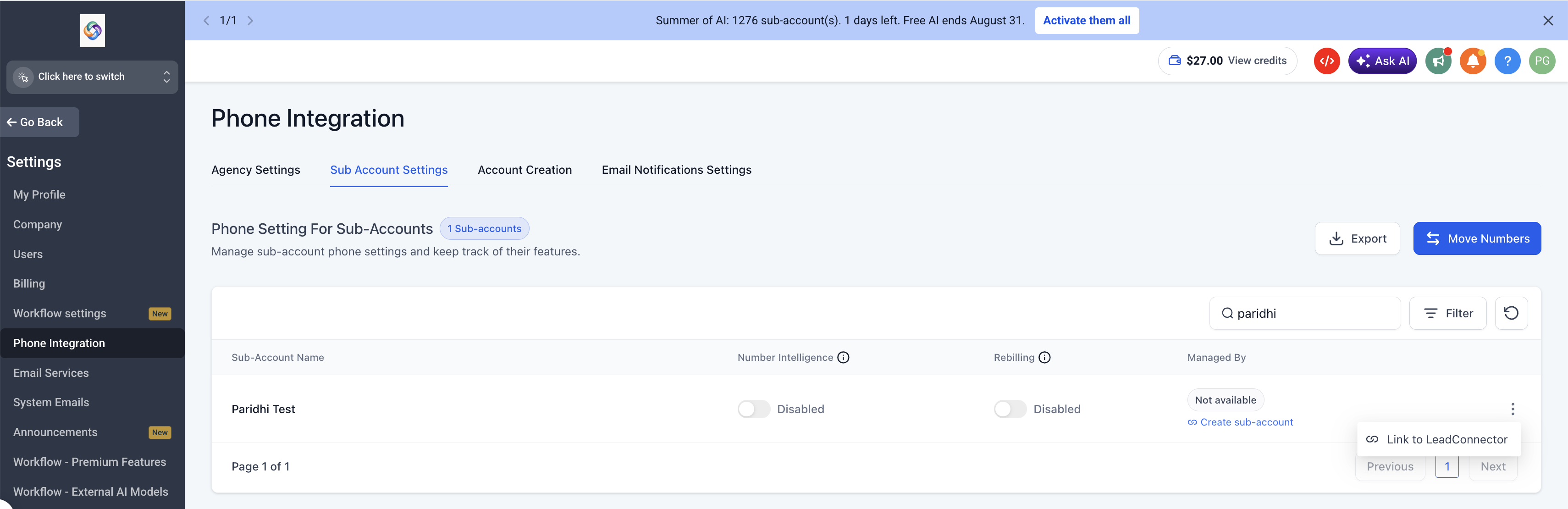 The Sub Account Settings table, showing the row-level menu used to link a sub-account